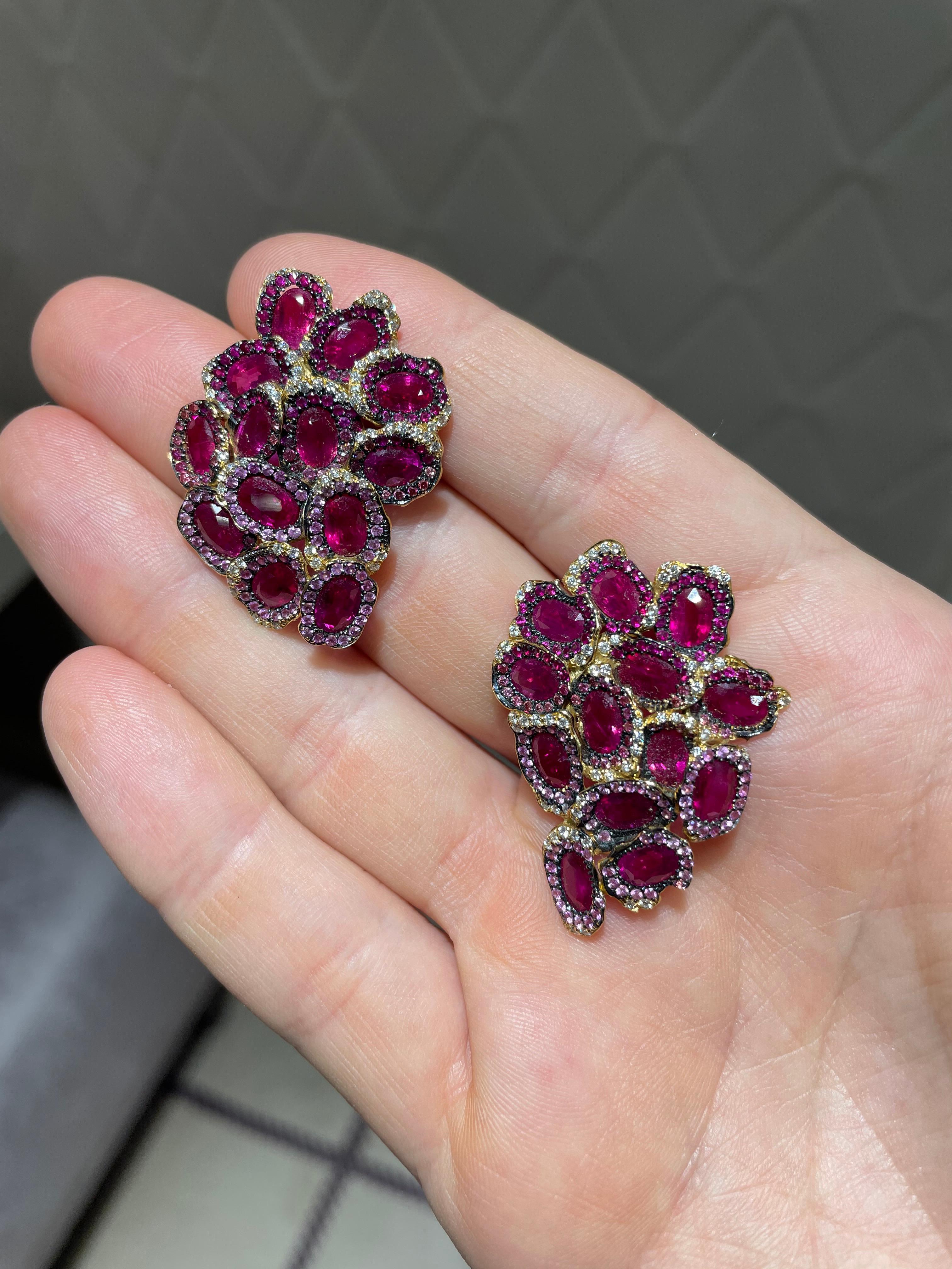 Women's or Men's Rosior Oval Cut Ruby, Pink Sapphire and Diamond Drop Earrings set in Yellow Gold