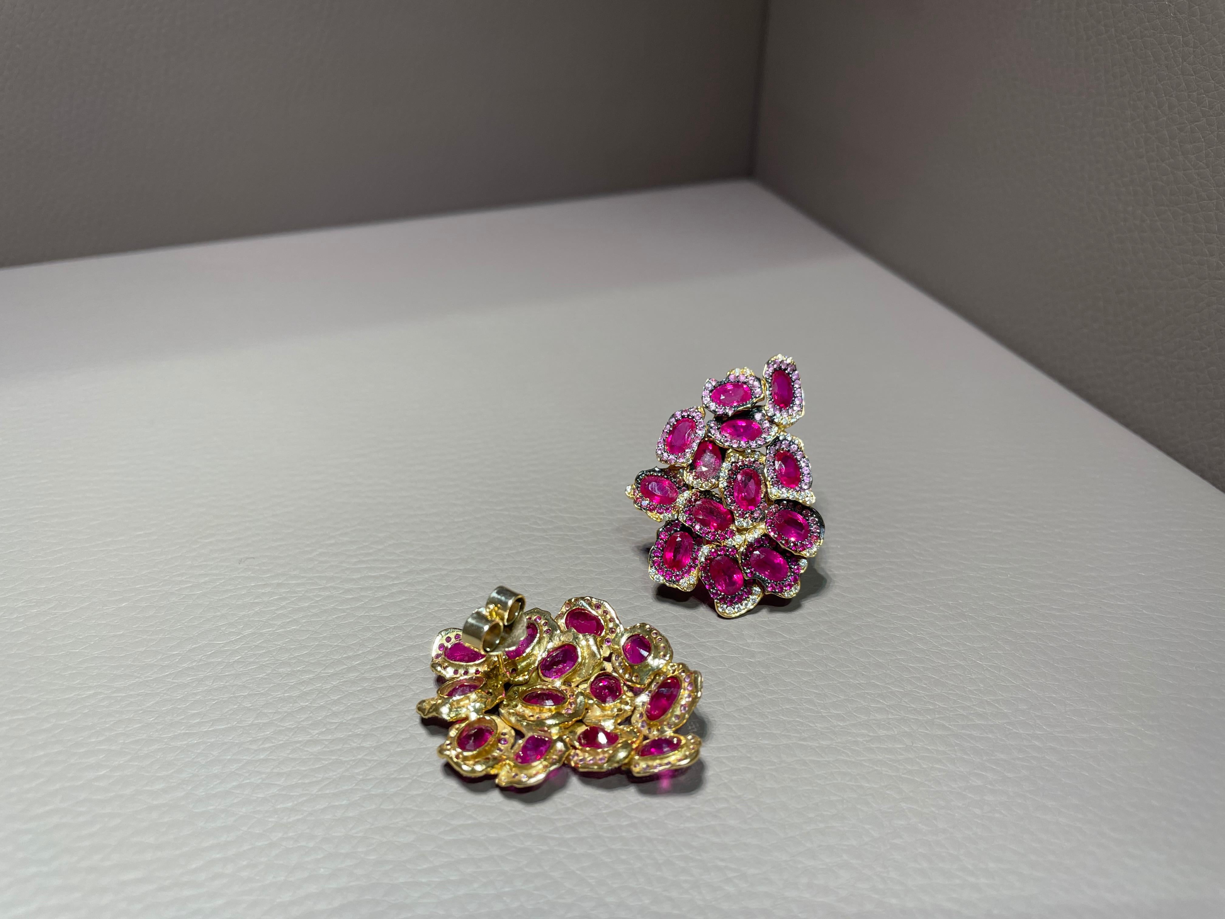 Rosior Oval Cut Ruby, Pink Sapphire and Diamond Drop Earrings set in Yellow Gold 2