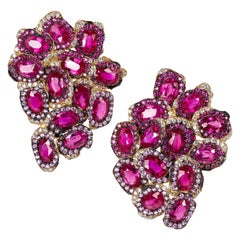 Oval Cut Ruby, Pink Sapphire and Diamond Contemporary Yellow Gold Drop Earrings
