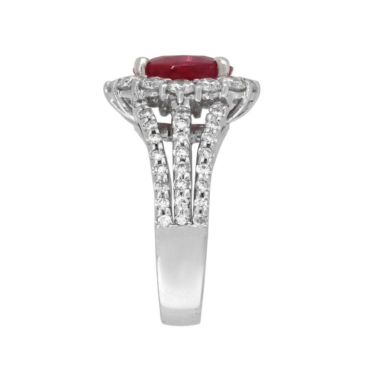 Material: 18k White Gold
Gemstone Details: Approx. 3.02ctw oval ruby measuring approx. 7.8mm x 9.70mm. AGL: CS1074580
Diamond Details: Approx. 1.31ctw round cut diamonds. Diamonds are G/H in color and VS in clarity.
Ring Size: 6
Measurements: 0.80