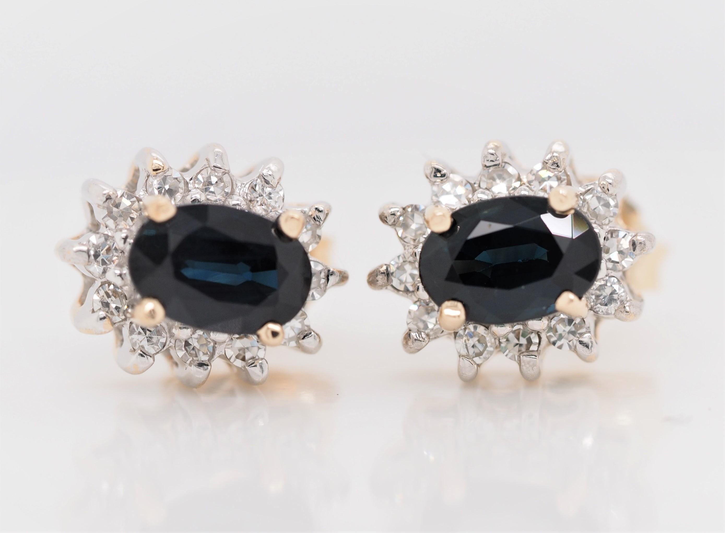 Women's or Men's Oval Cut Sapphire and Diamond Halo Stud Earrings of 14 Karat Two-Tone Gold