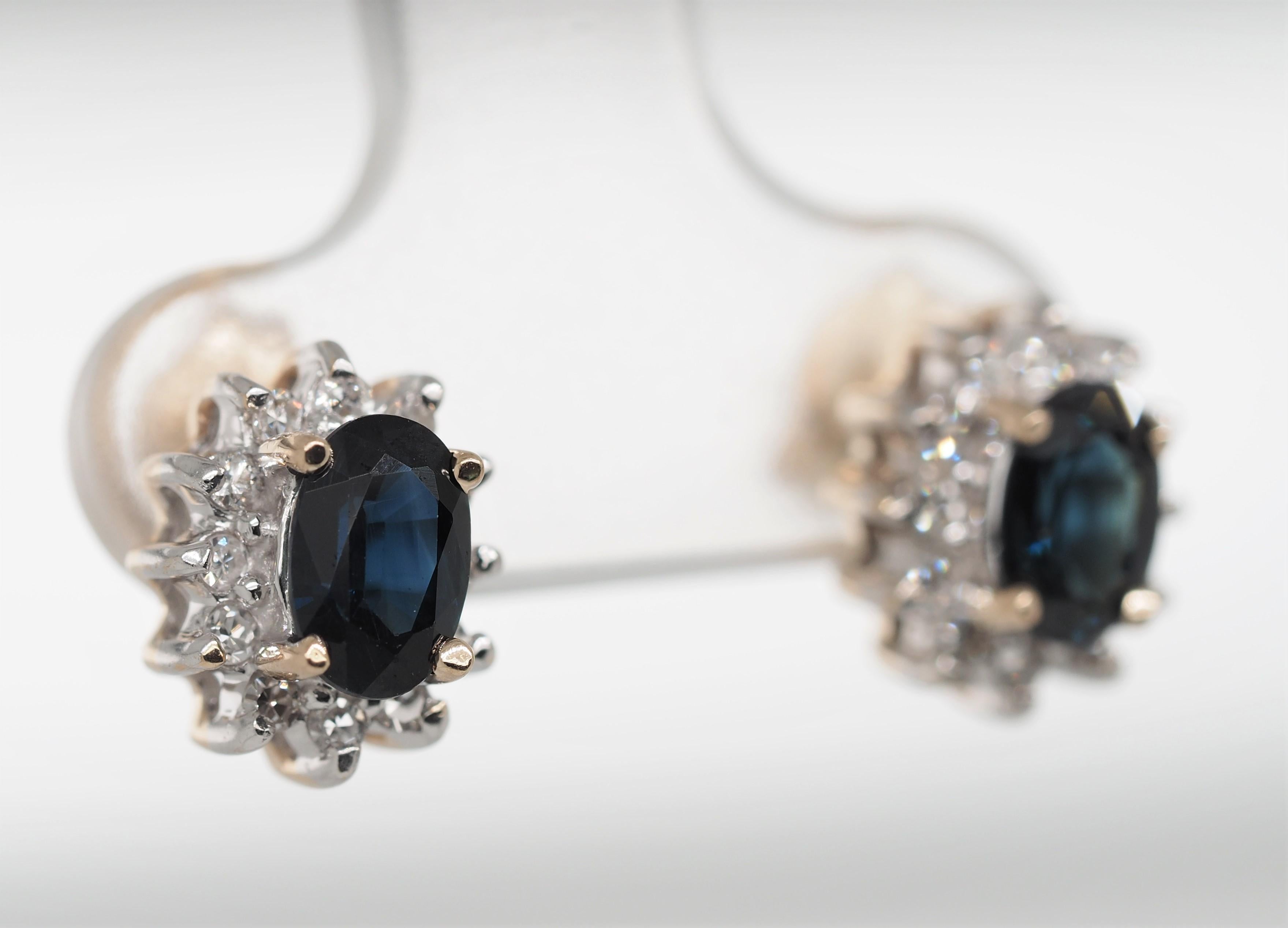 Oval Cut Sapphire and Diamond Halo Stud Earrings of 14 Karat Two-Tone Gold 1