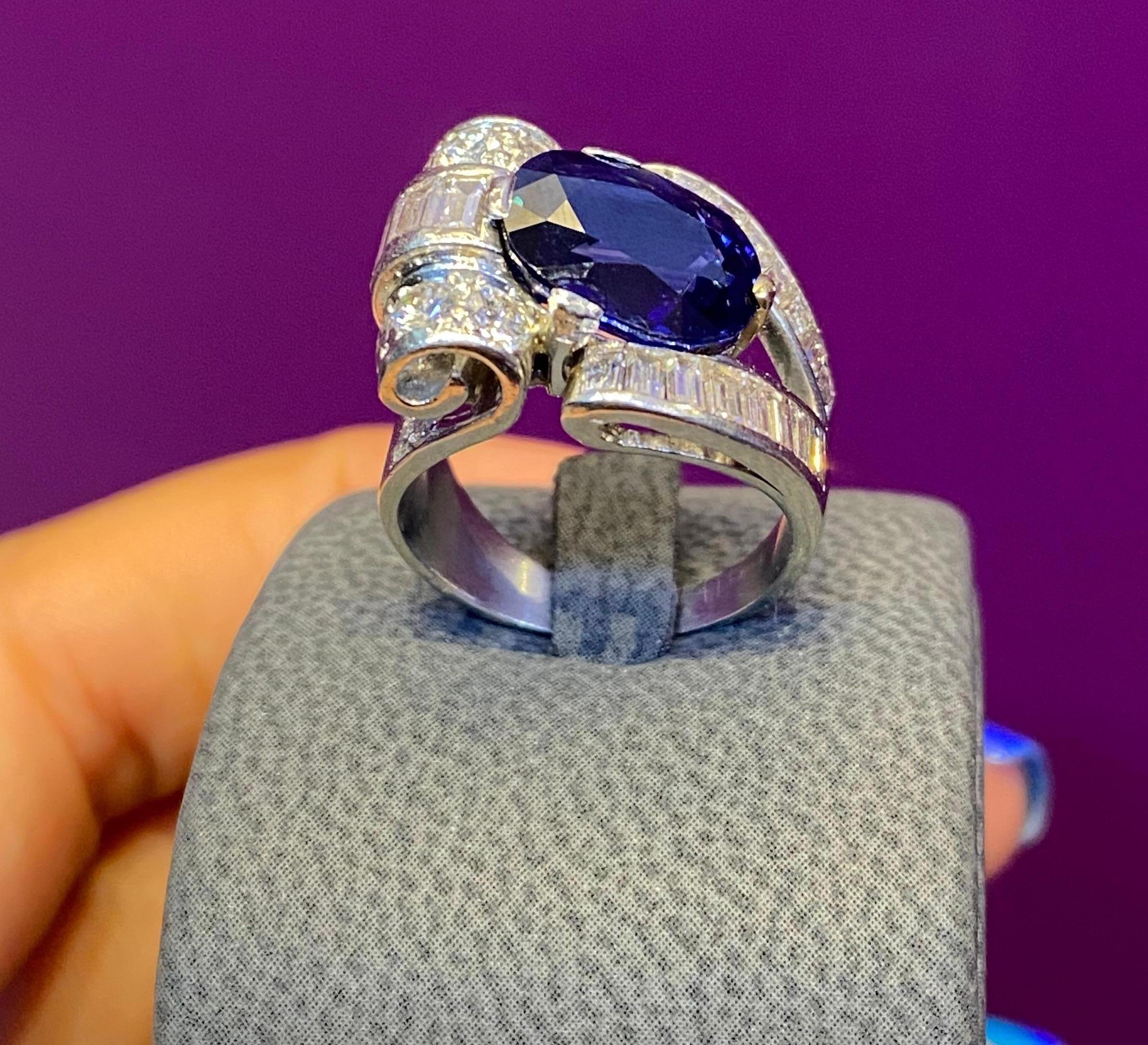 Oval Cut Sapphire & Baguette Diamond Ring  For Sale 2