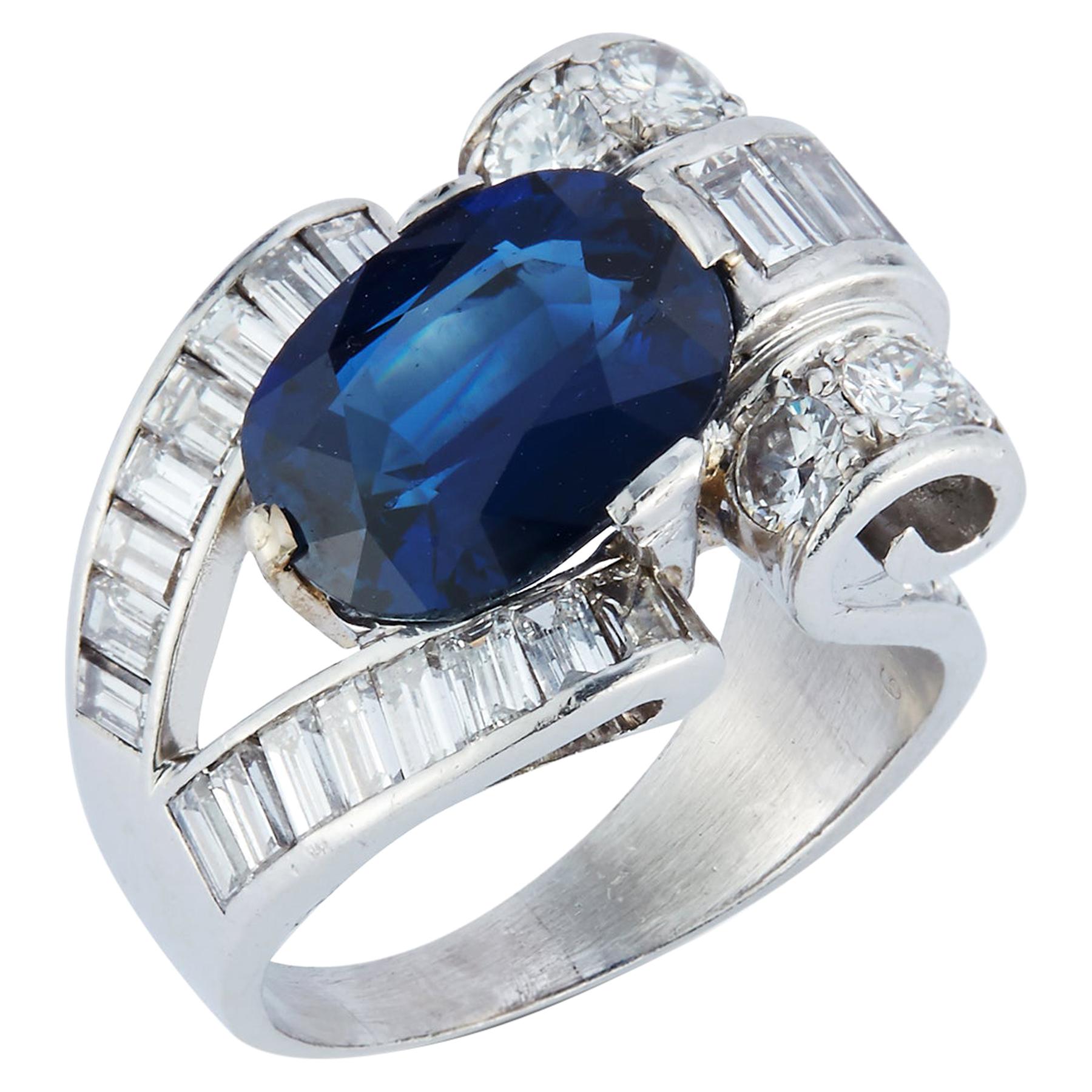 Oval Cut Sapphire & Baguette Diamond Ring 