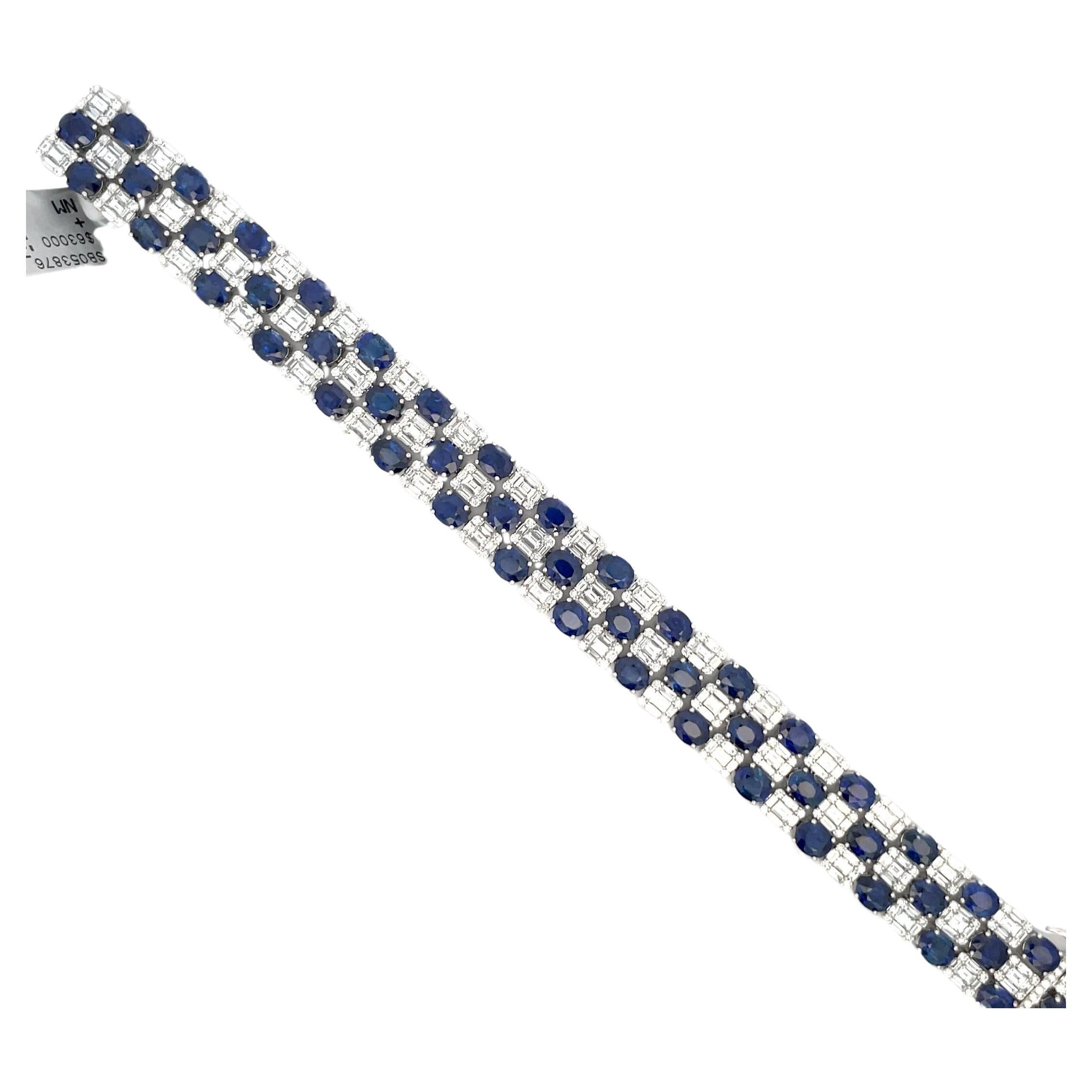 Women's Oval Cut Sapphire Diamond Illusion Bracelet 25.67 CTTW 18 Karat White Gold For Sale