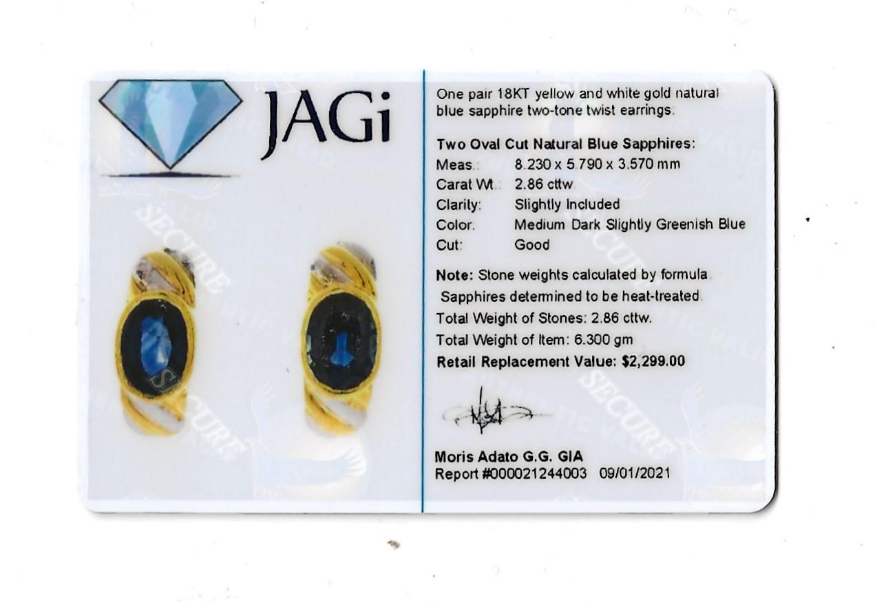 Oval Cut Sapphire Half-Hoop Twist Earrings in 18 Karat Yellow and White Gold For Sale 8