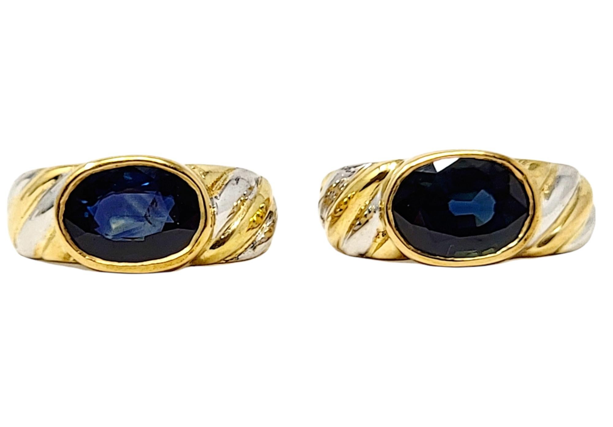 Contemporary Oval Cut Sapphire Half-Hoop Twist Earrings in 18 Karat Yellow and White Gold For Sale