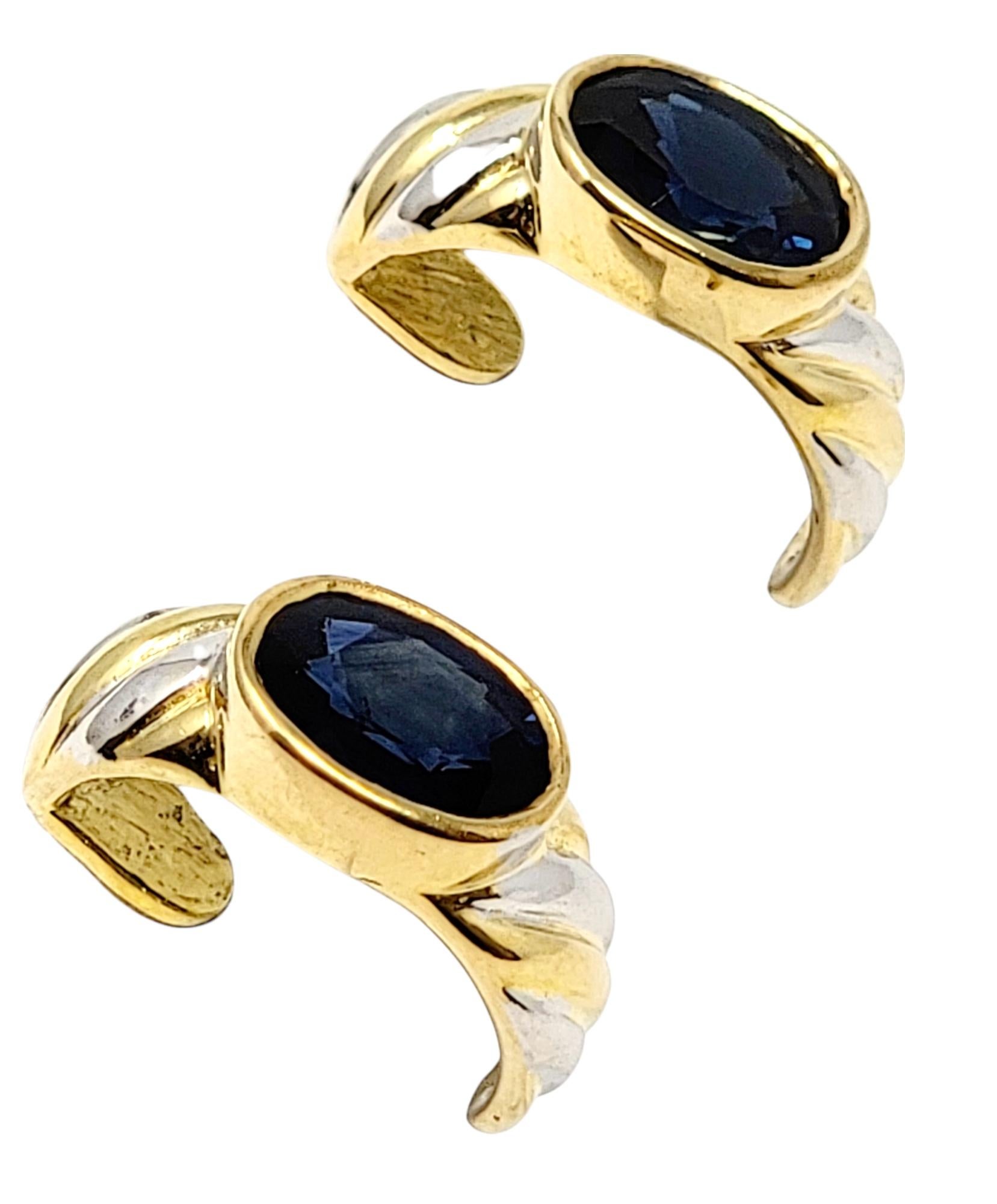 Oval Cut Sapphire Half-Hoop Twist Earrings in 18 Karat Yellow and White Gold In Good Condition For Sale In Scottsdale, AZ