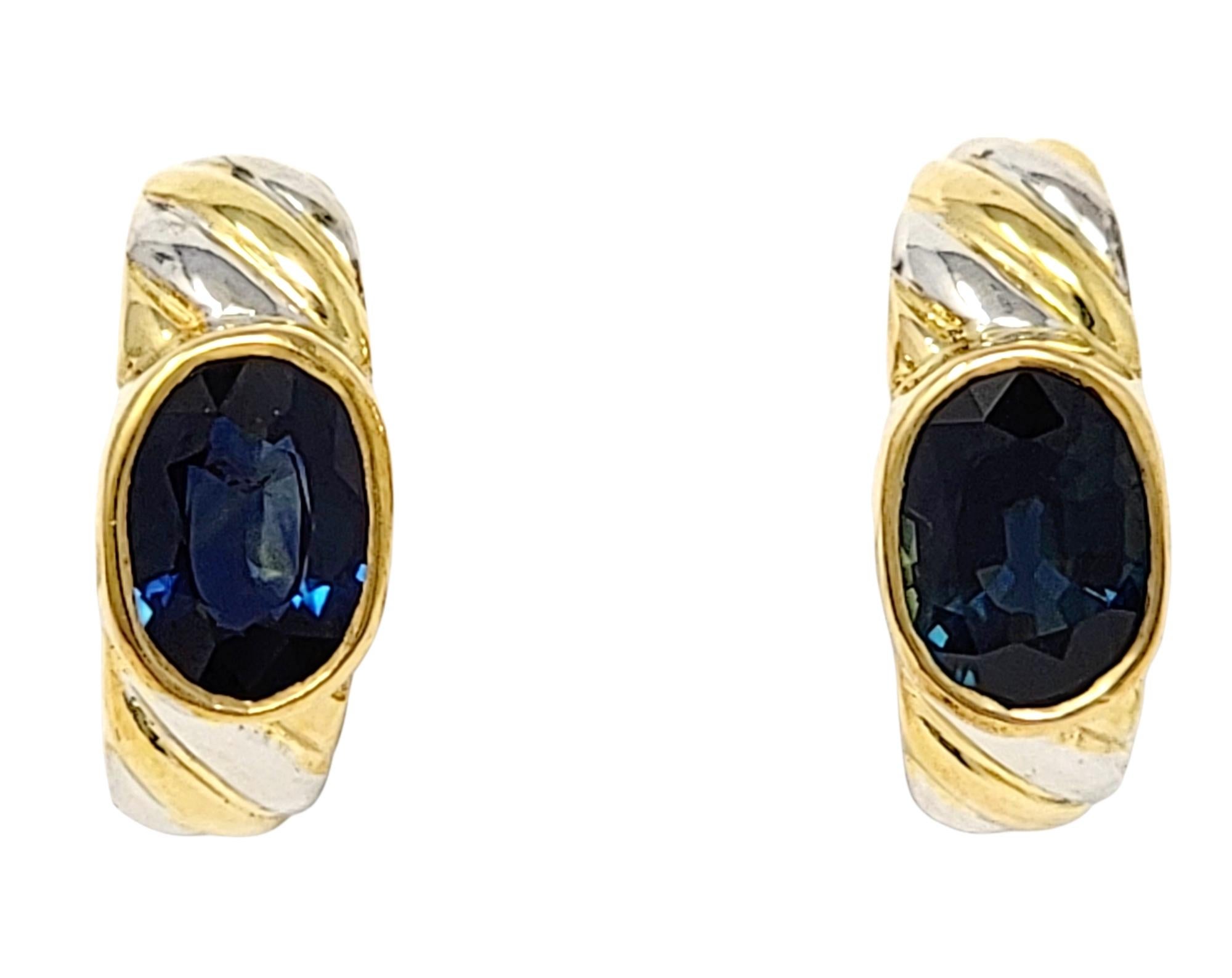 Oval Cut Sapphire Half-Hoop Twist Earrings in 18 Karat Yellow and White Gold For Sale 1