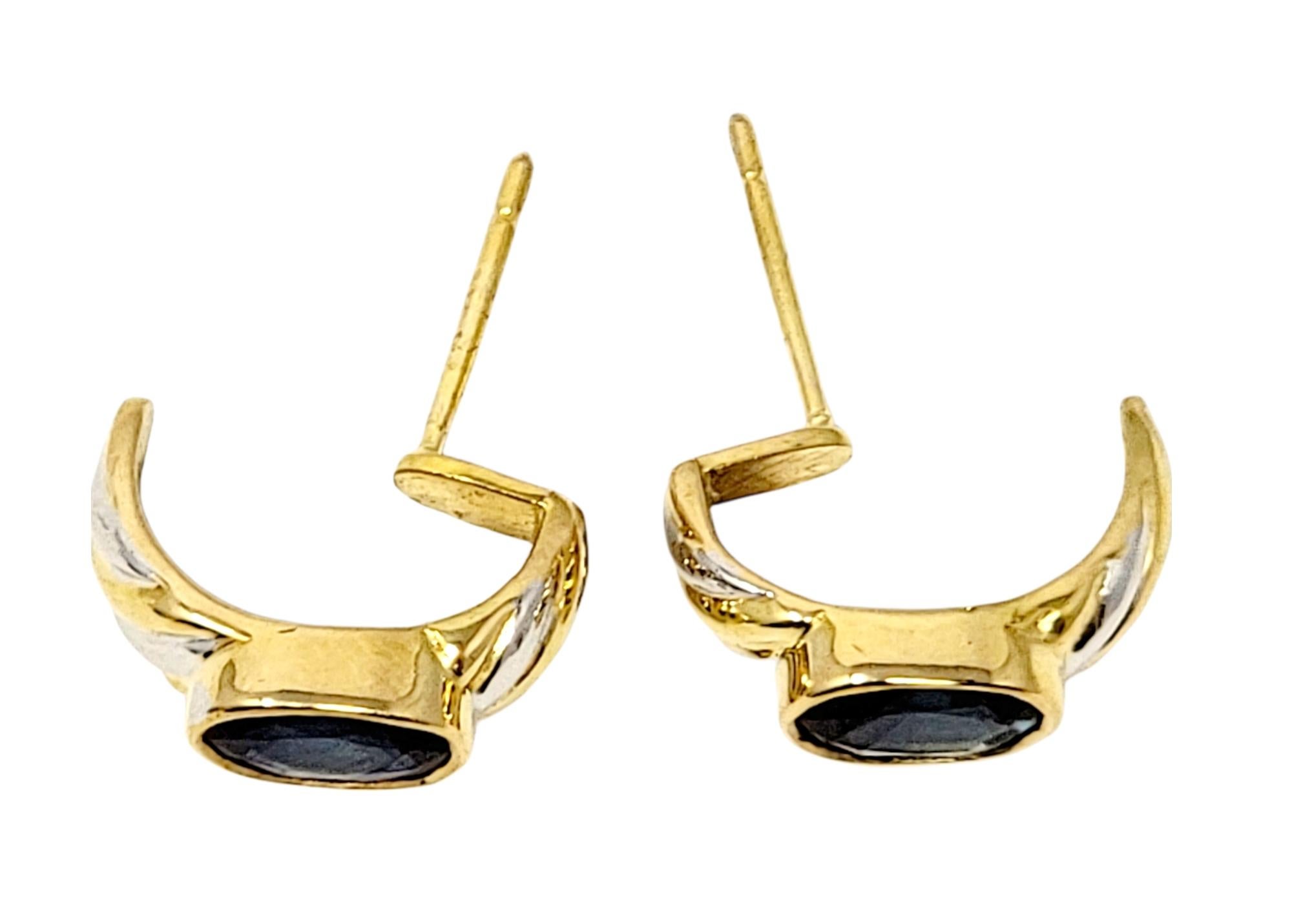 Oval Cut Sapphire Half-Hoop Twist Earrings in 18 Karat Yellow and White Gold For Sale 2