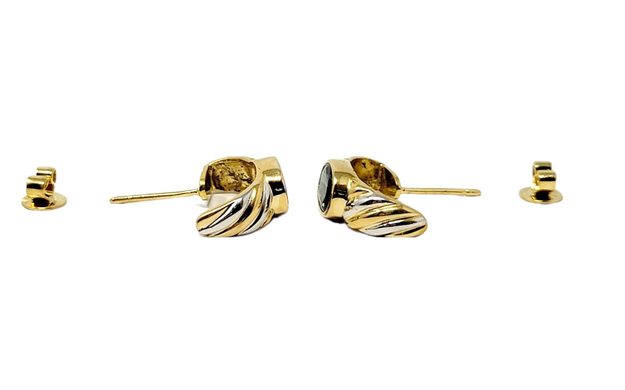 Oval Cut Sapphire Half-Hoop Twist Earrings in 18 Karat Yellow and White Gold For Sale 3