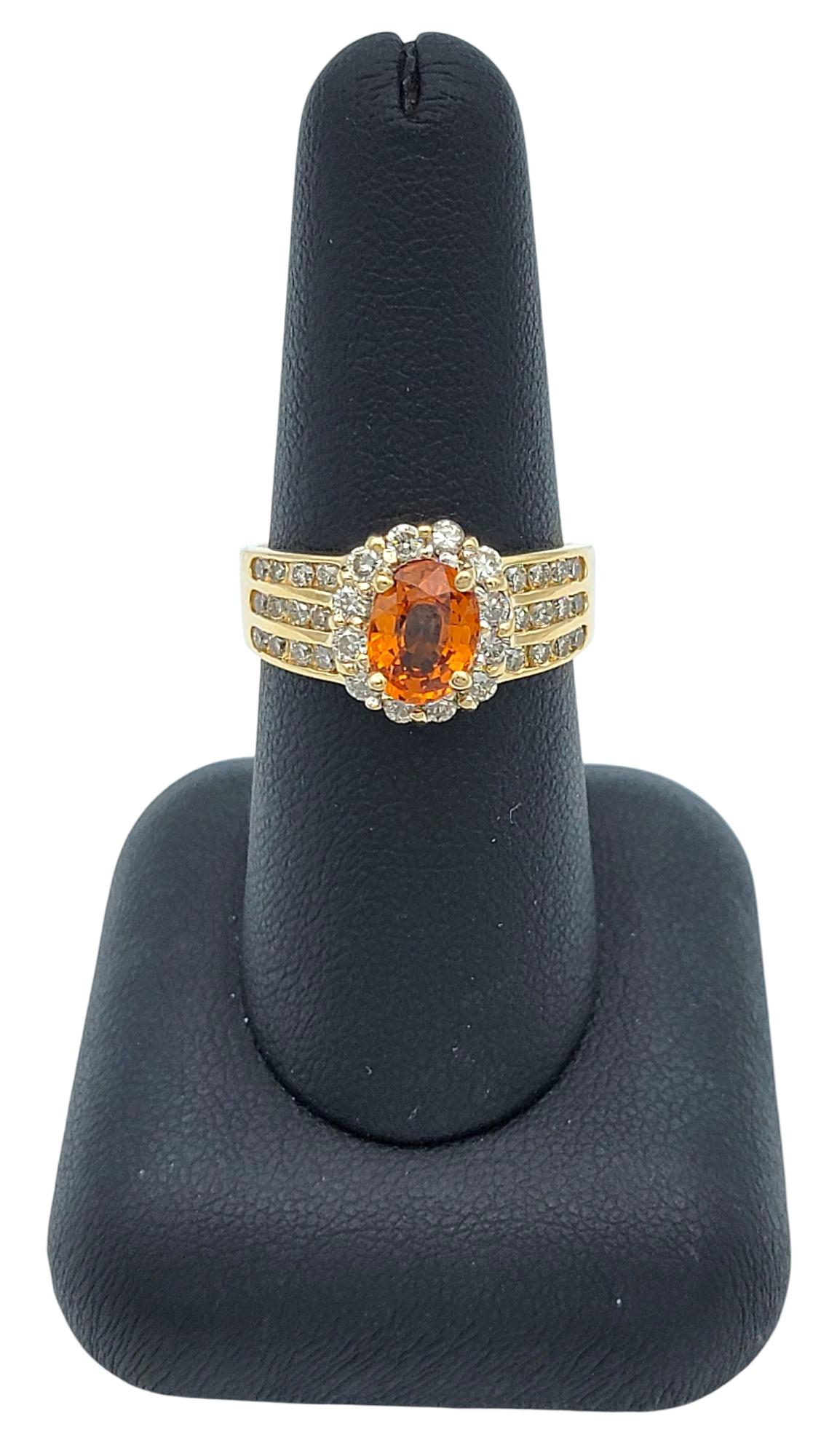 Oval Cut Spessartite Garnet and Diamond Halo Wide Band Ring 14 Karat Yellow Gold For Sale 5