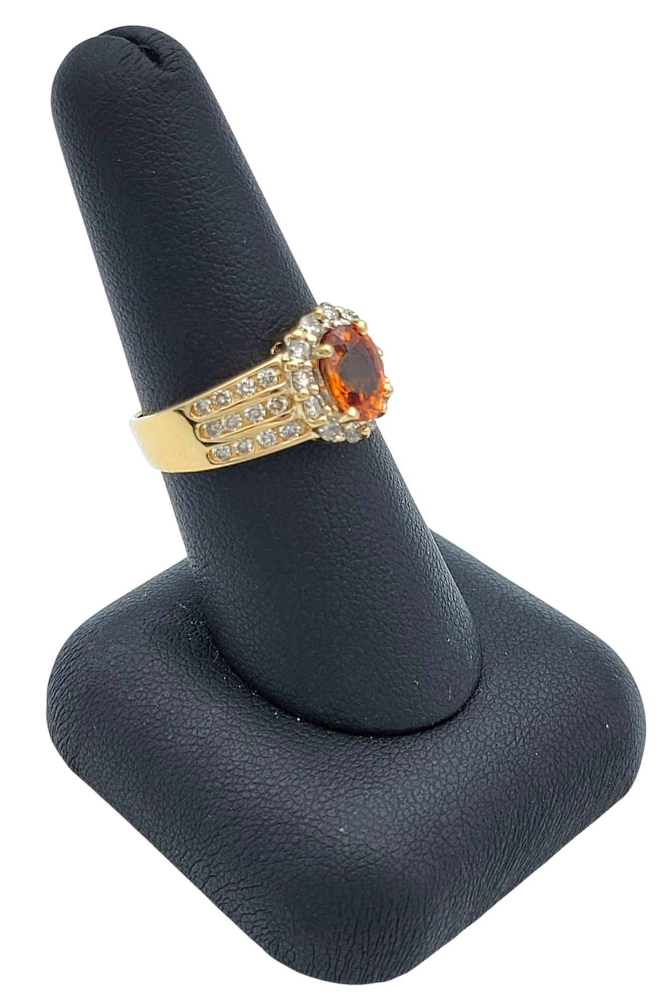Oval Cut Spessartite Garnet and Diamond Halo Wide Band Ring 14 Karat Yellow Gold For Sale 6