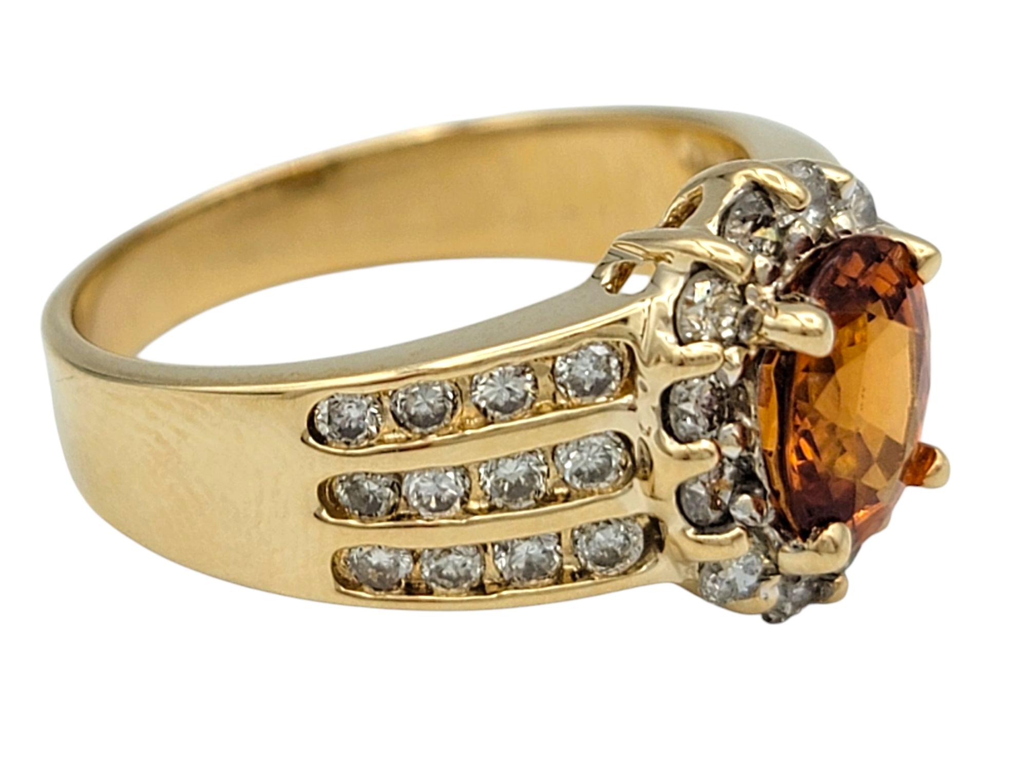 Oval Cut Spessartite Garnet and Diamond Halo Wide Band Ring 14 Karat Yellow Gold In Good Condition For Sale In Scottsdale, AZ