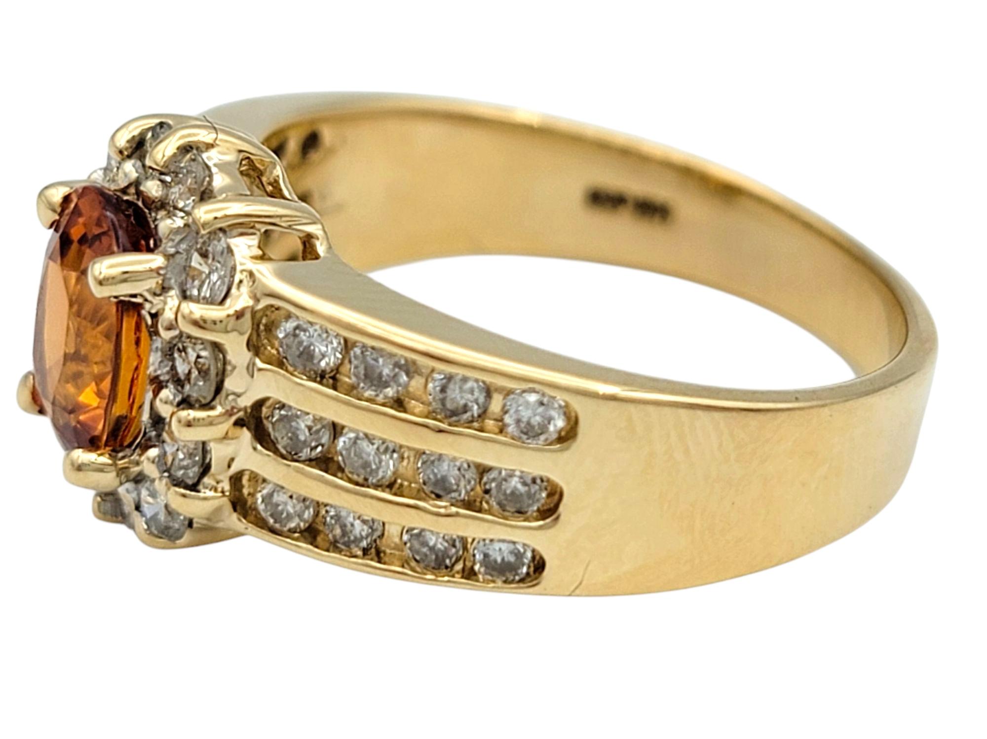 Women's Oval Cut Spessartite Garnet and Diamond Halo Wide Band Ring 14 Karat Yellow Gold For Sale