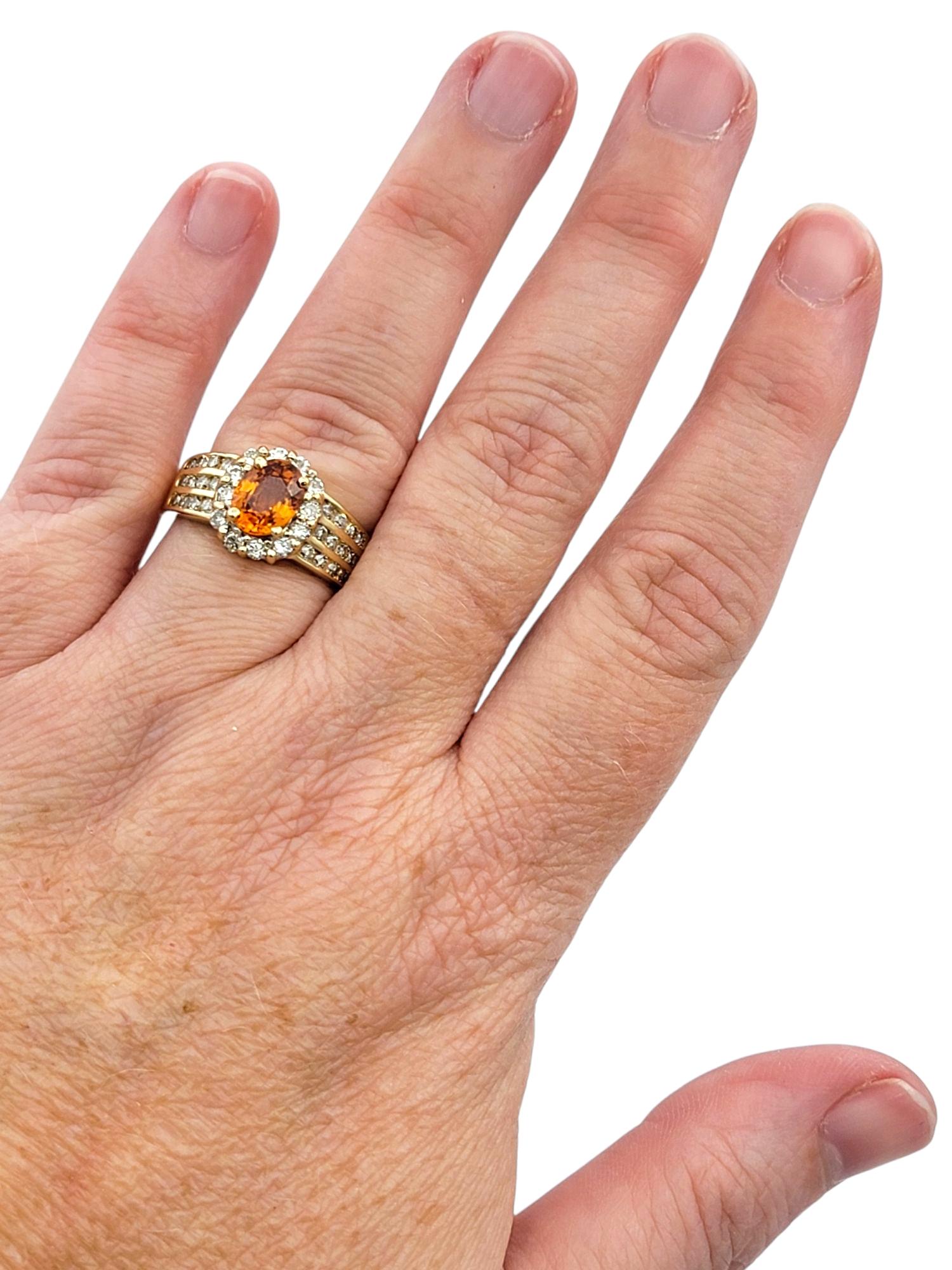 Oval Cut Spessartite Garnet and Diamond Halo Wide Band Ring 14 Karat Yellow Gold For Sale 3