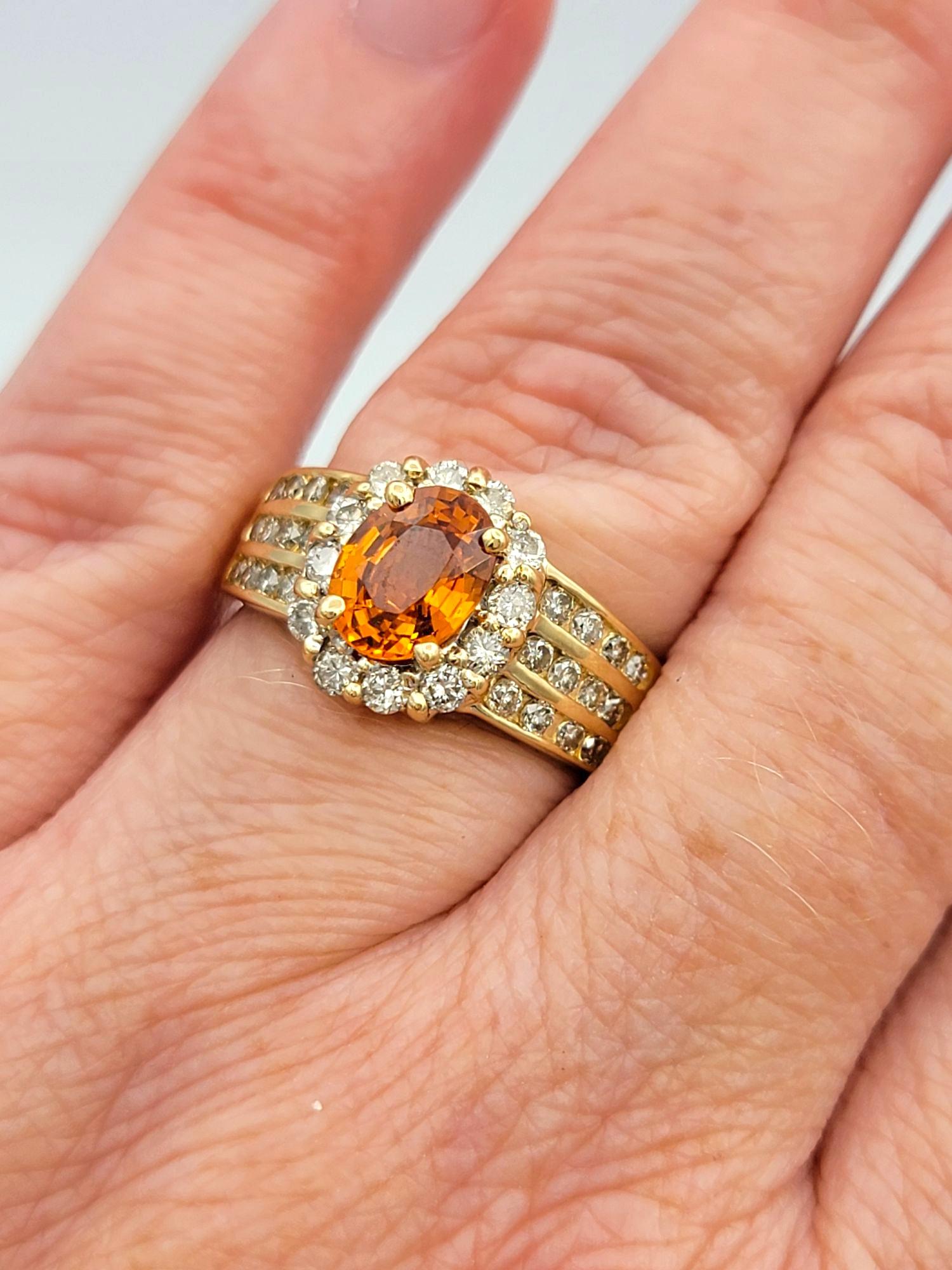 Oval Cut Spessartite Garnet and Diamond Halo Wide Band Ring 14 Karat Yellow Gold For Sale 4