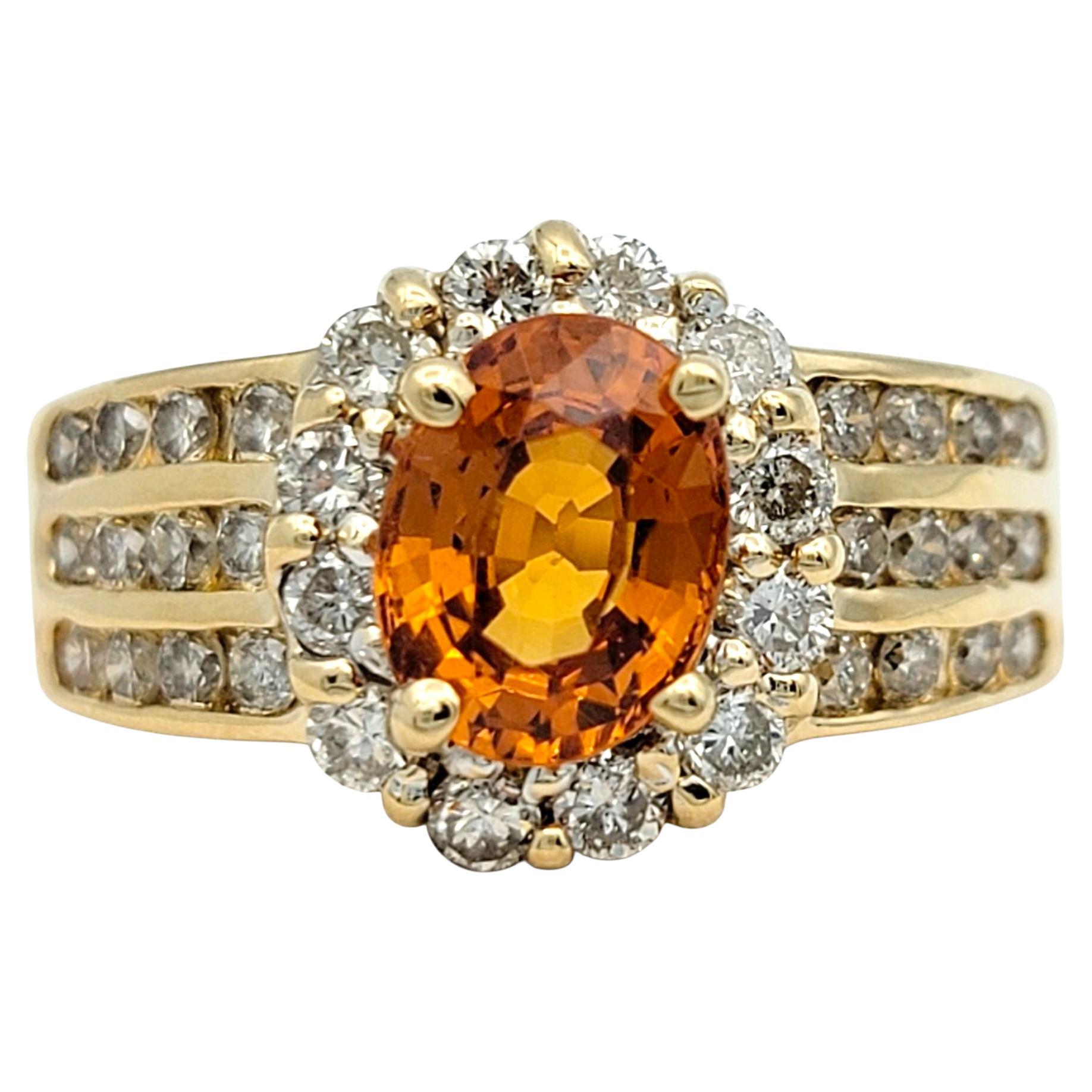 Oval Cut Spessartite Garnet and Diamond Halo Wide Band Ring 14 Karat Yellow Gold