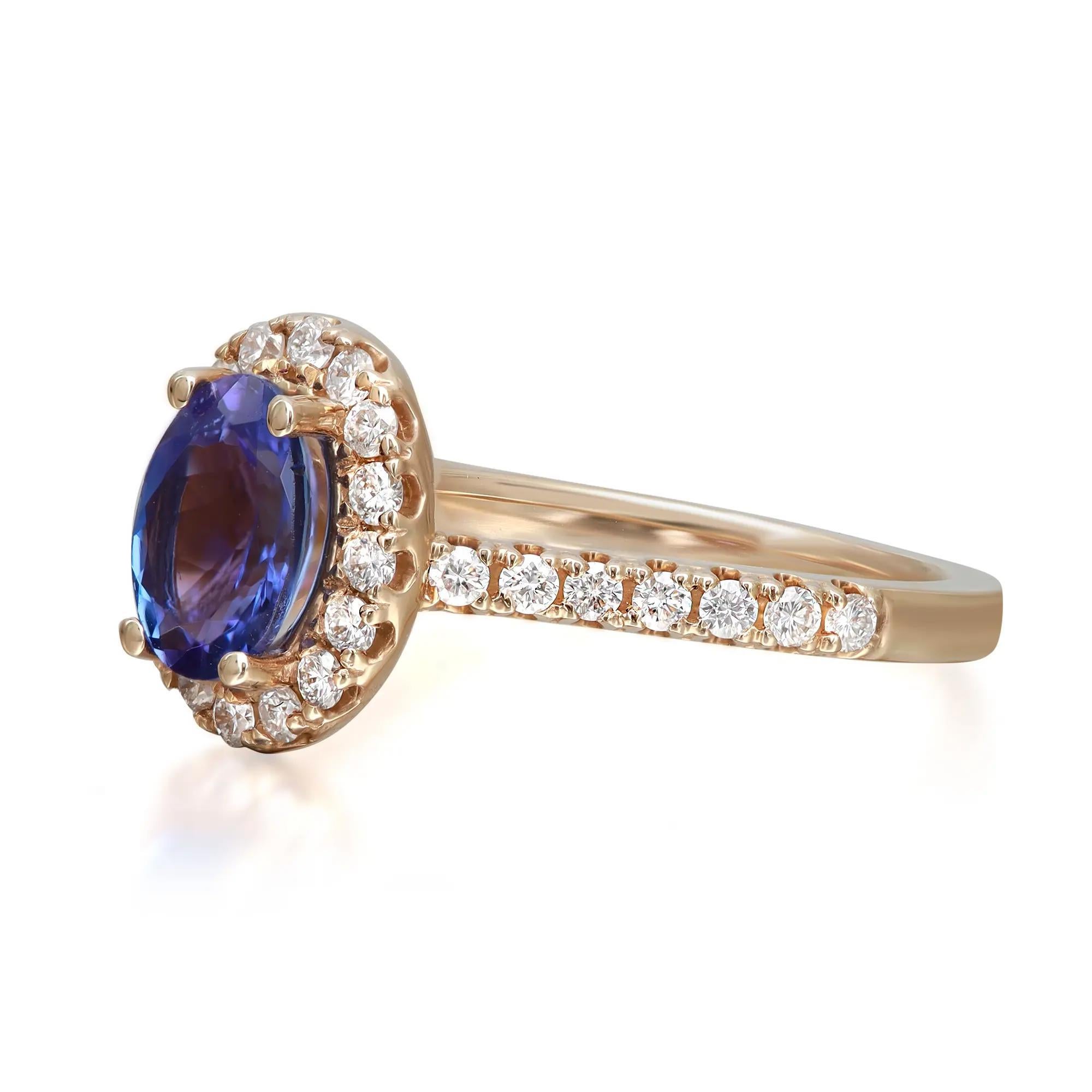 Taille ovale Bague cocktail en or jaune 14 carats avec tanzanite taille ovale et diamants taille 6,5 en vente