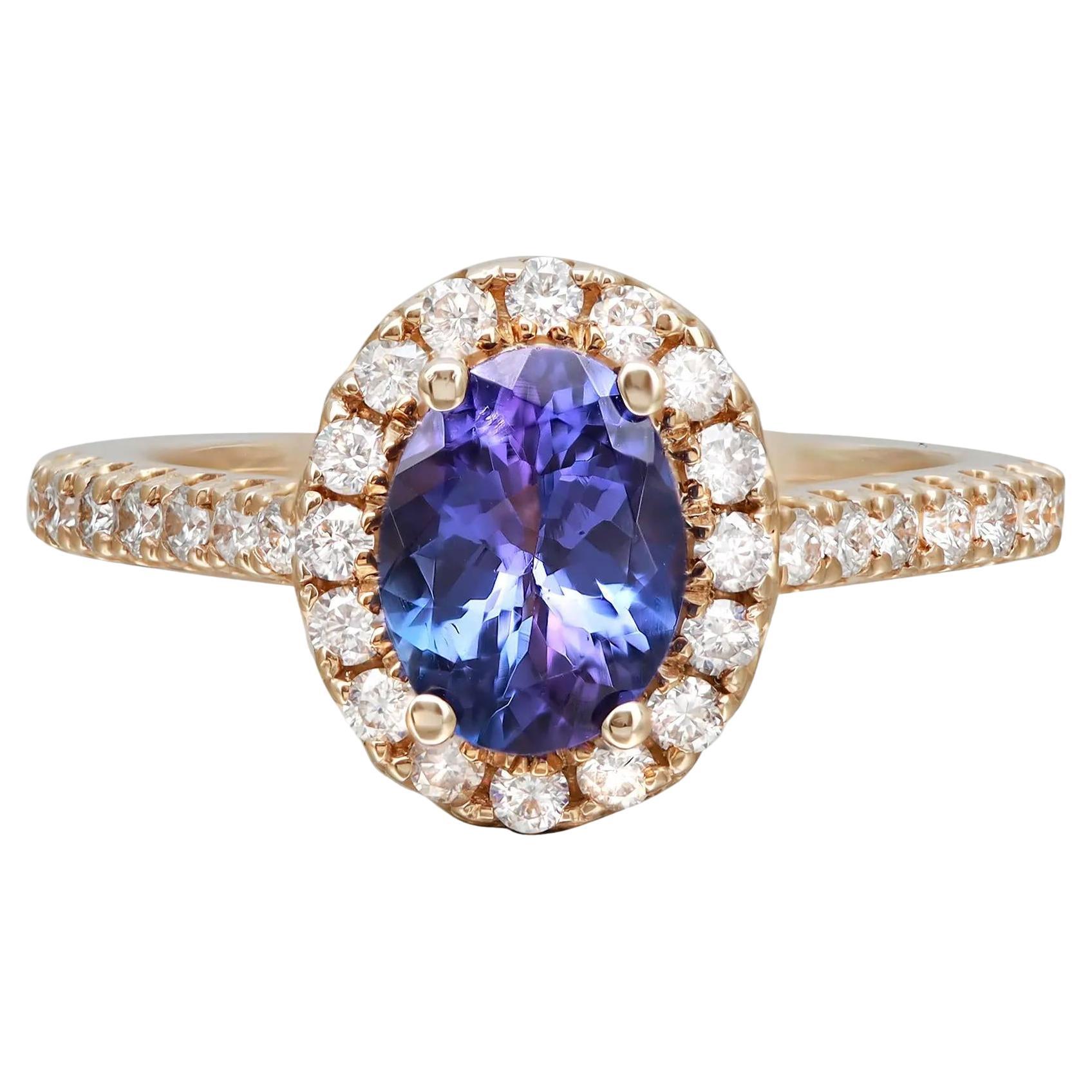 Bague cocktail en or jaune 14 carats avec tanzanite taille ovale et diamants taille 6,5