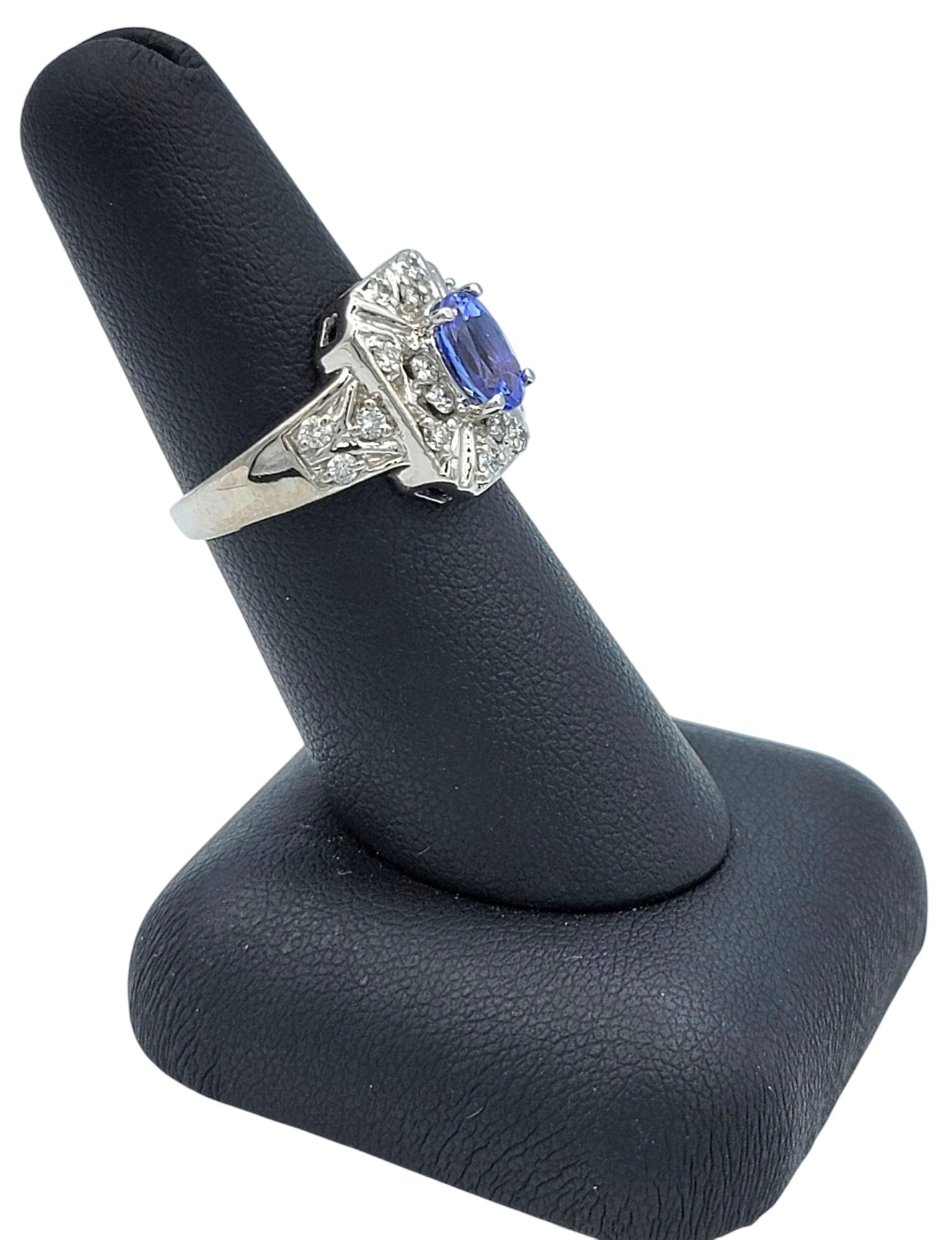 Oval Cut Tanzanite and Round Diamond Ornate Cocktail Ring in 14 Karat White Gold For Sale 5
