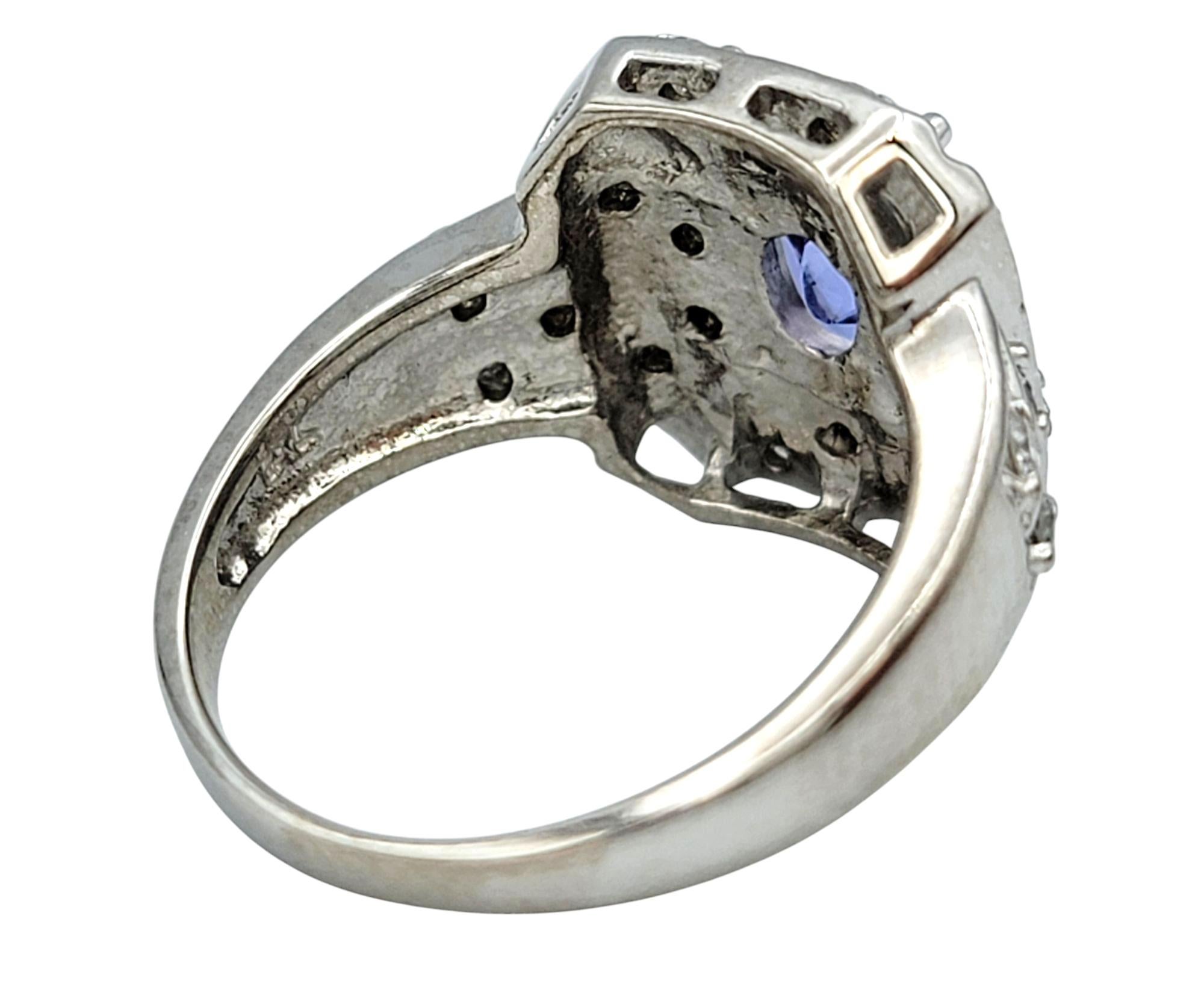 Oval Cut Tanzanite and Round Diamond Ornate Cocktail Ring in 14 Karat White Gold In Good Condition For Sale In Scottsdale, AZ