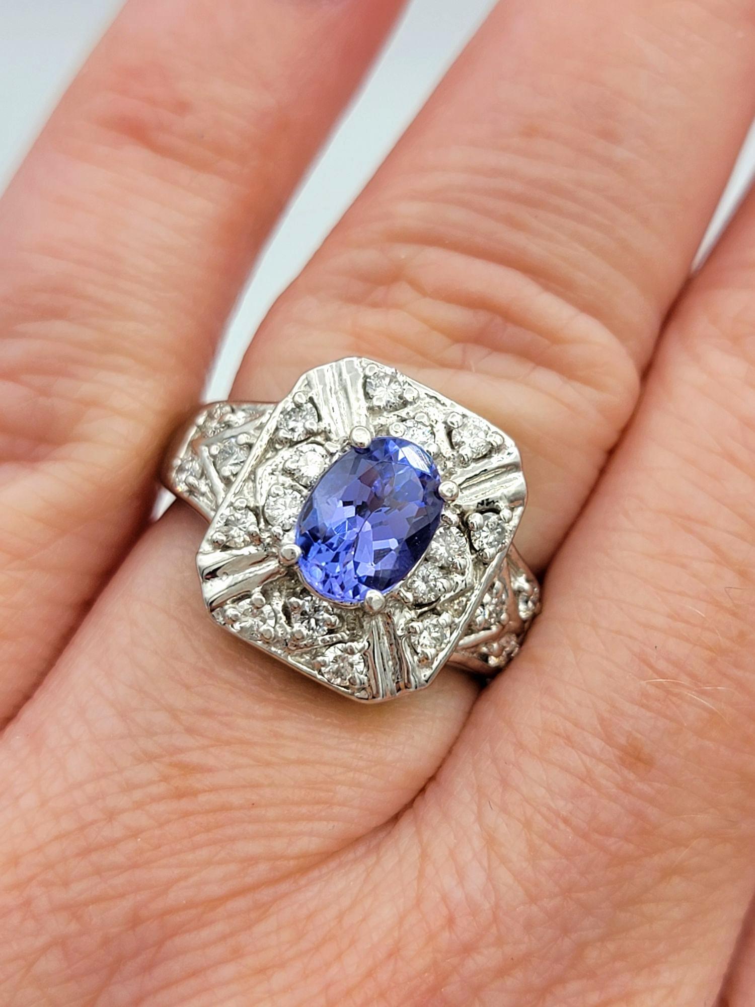 Oval Cut Tanzanite and Round Diamond Ornate Cocktail Ring in 14 Karat White Gold For Sale 3