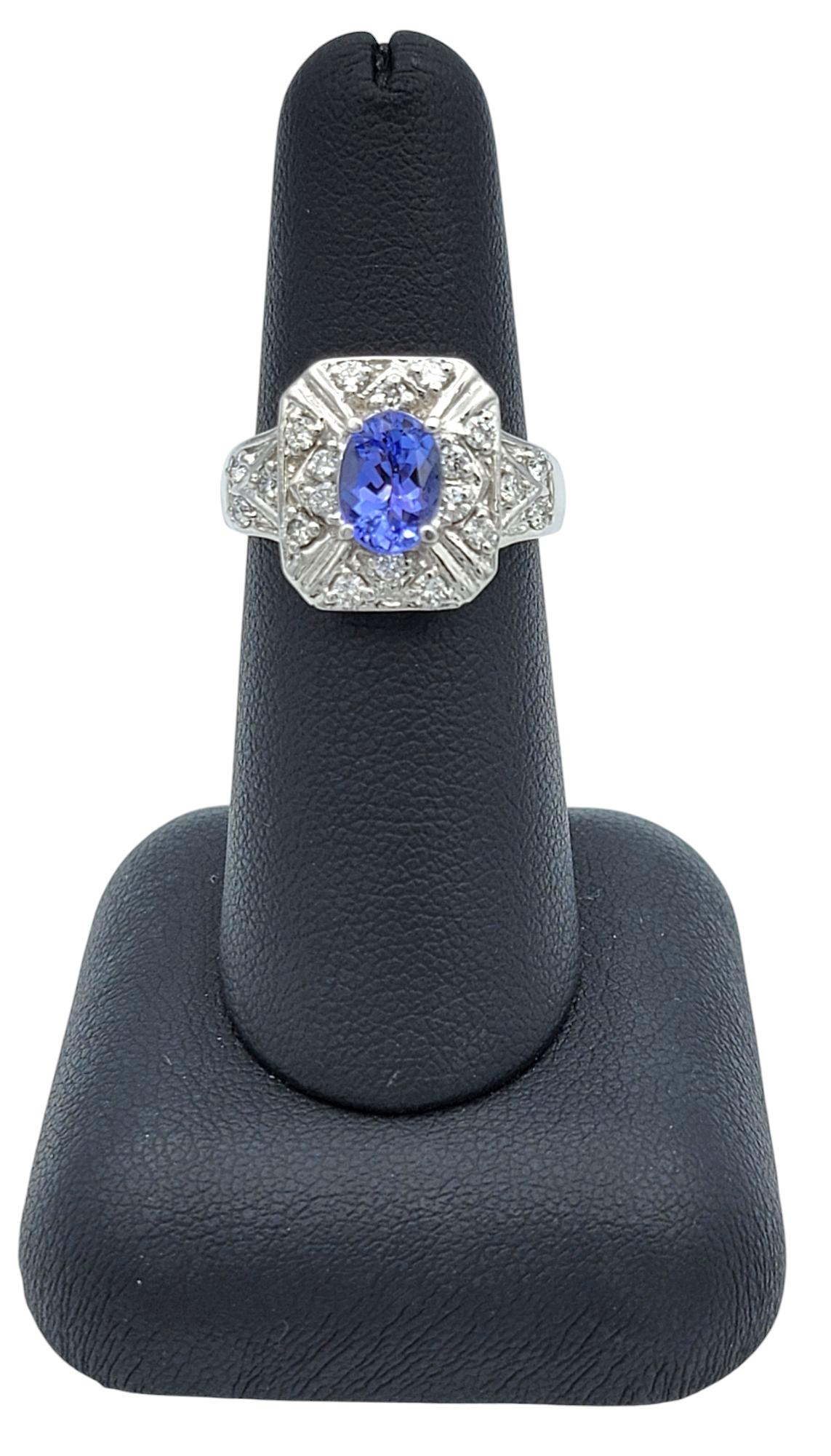 Oval Cut Tanzanite and Round Diamond Ornate Cocktail Ring in 14 Karat White Gold For Sale 4