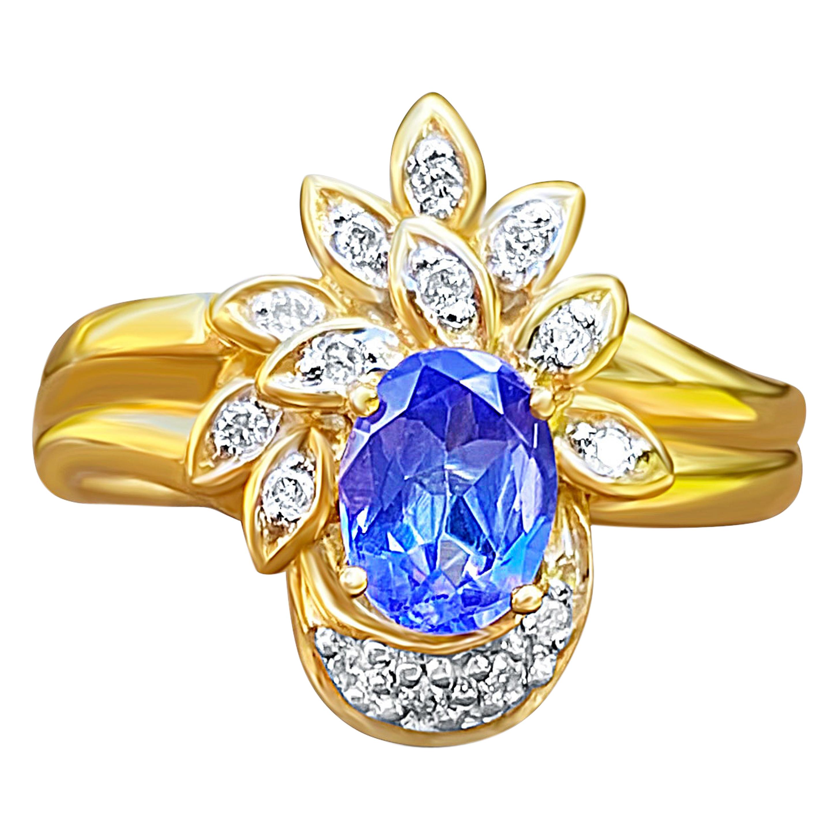 Oval-Cut Tanzanite, Diamond and 14 Karat Yellow Gold Cocktail Ring For Sale