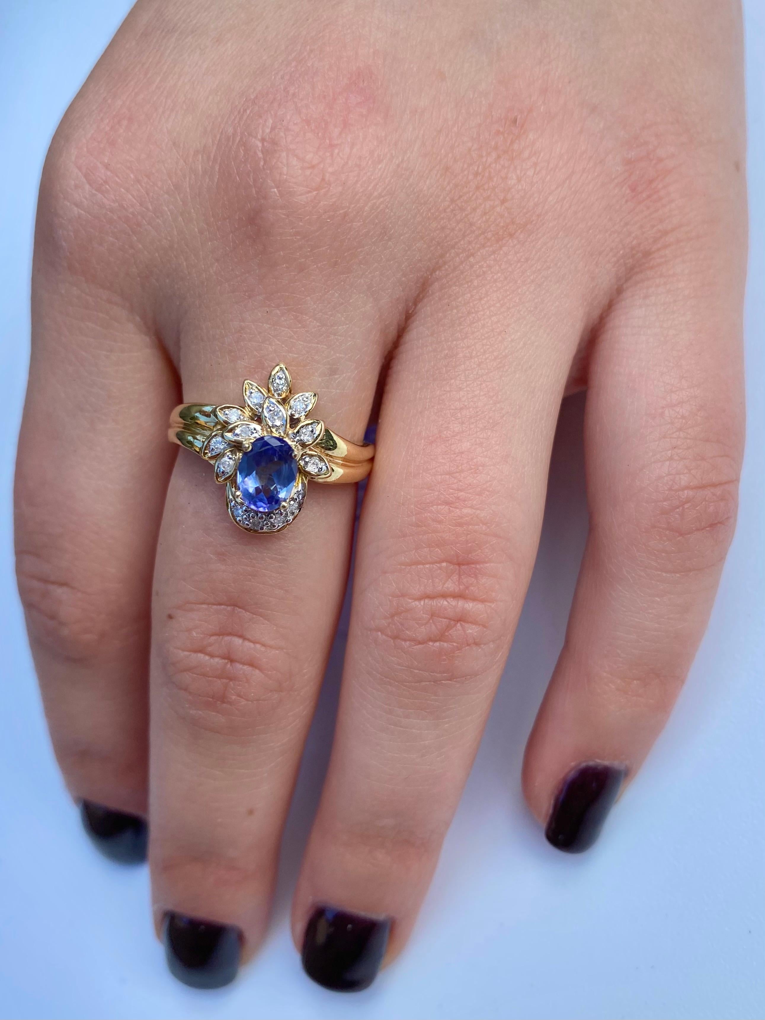 Oval Cut Oval-Cut Tanzanite, Diamond and 14 Karat Yellow Gold Cocktail Ring For Sale