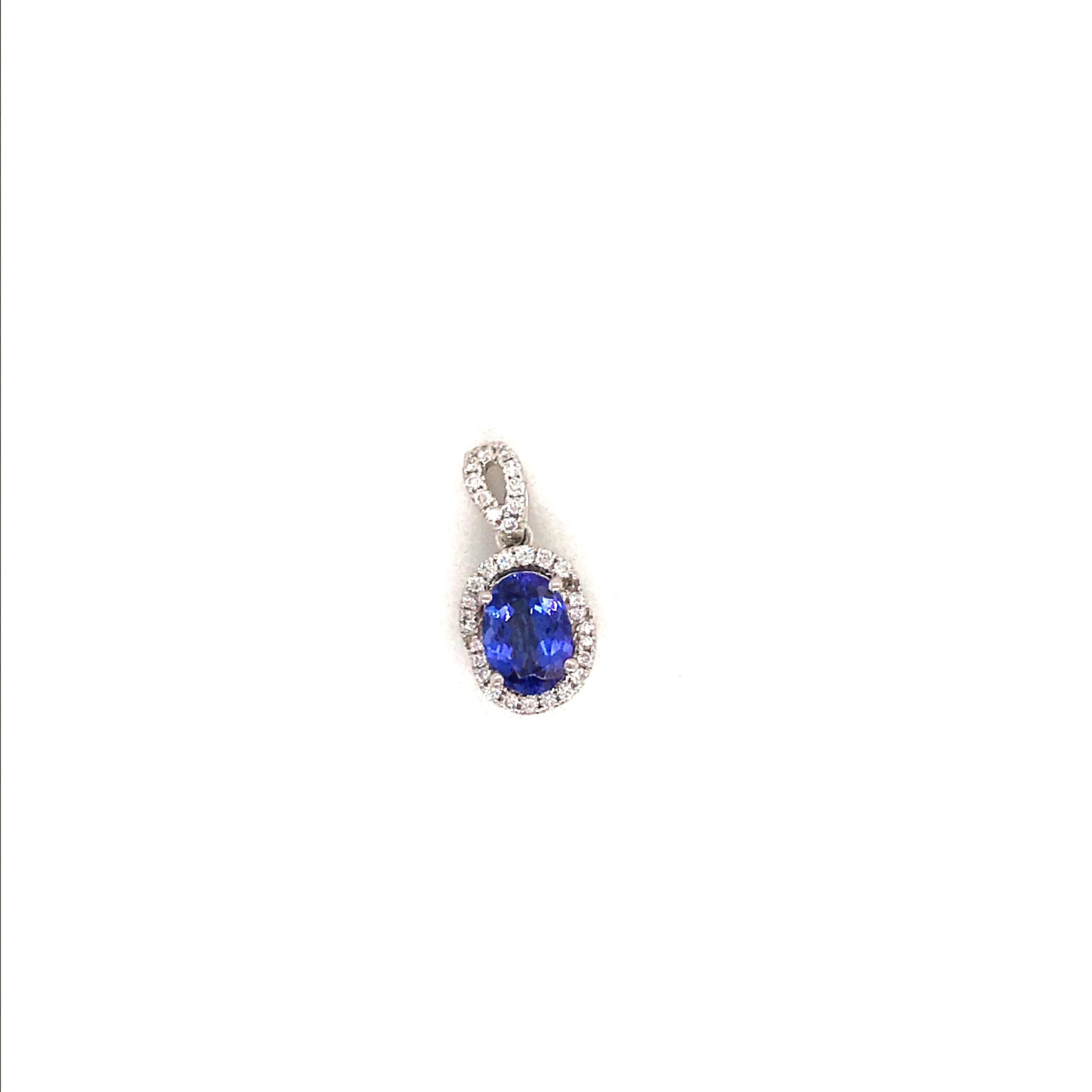 Contemporary Oval Cut Tanzanite with Diamond Halo Pendant 1.55 Carat 14 Karat White Gold