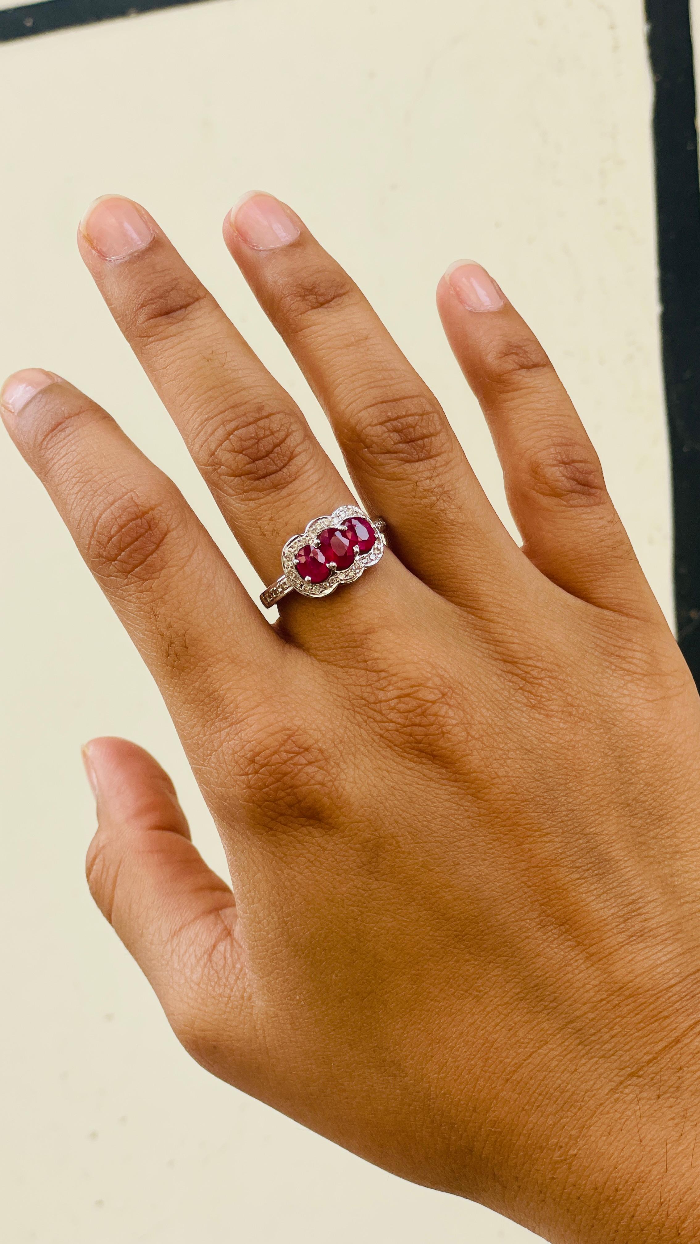 For Sale:  Oval Cut Three Stone Ruby Engagement Ring in 18K White Gold with Diamonds 8