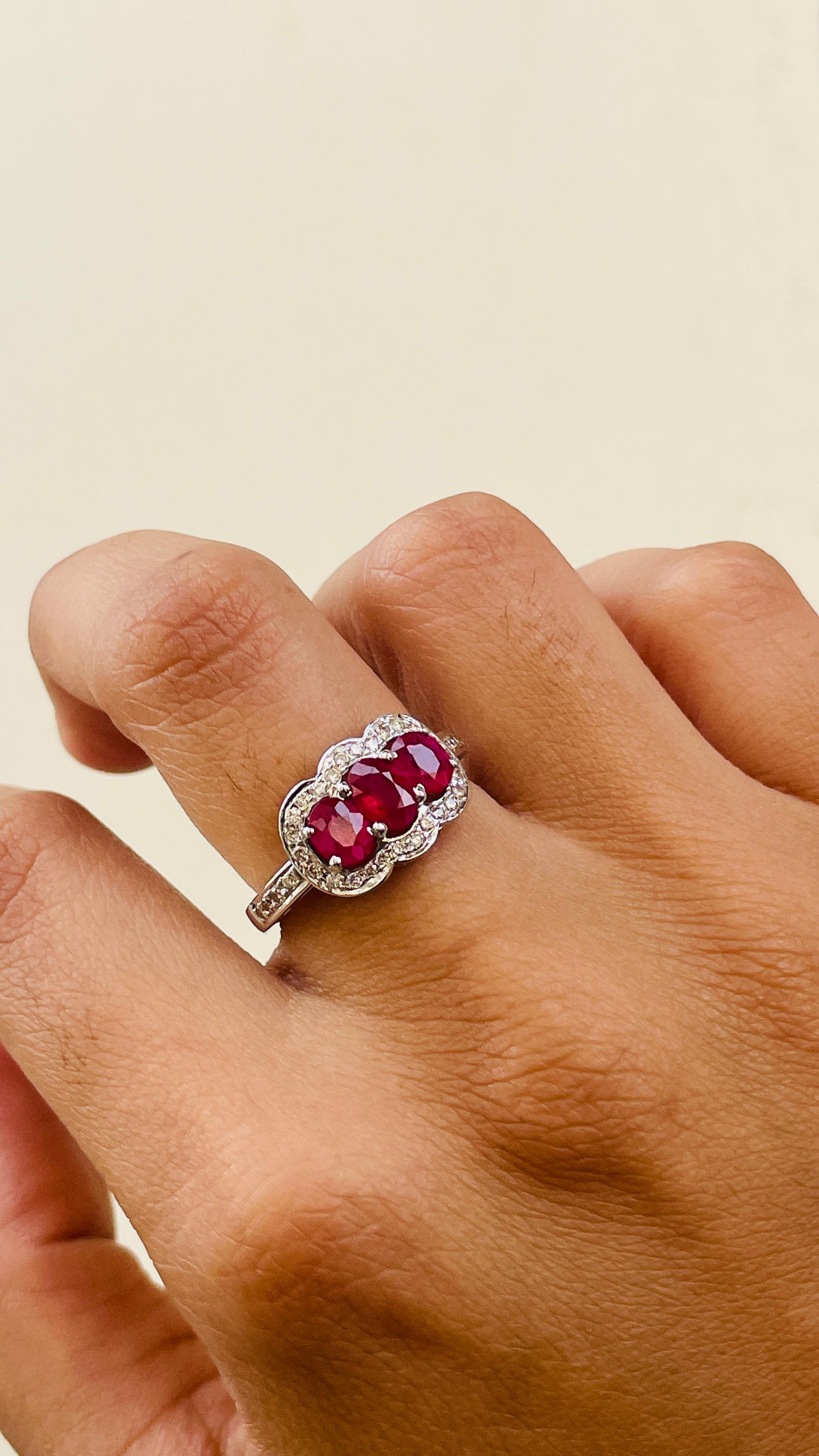 For Sale:  Oval Cut Three Stone Ruby Engagement Ring in 18K White Gold with Diamonds 6