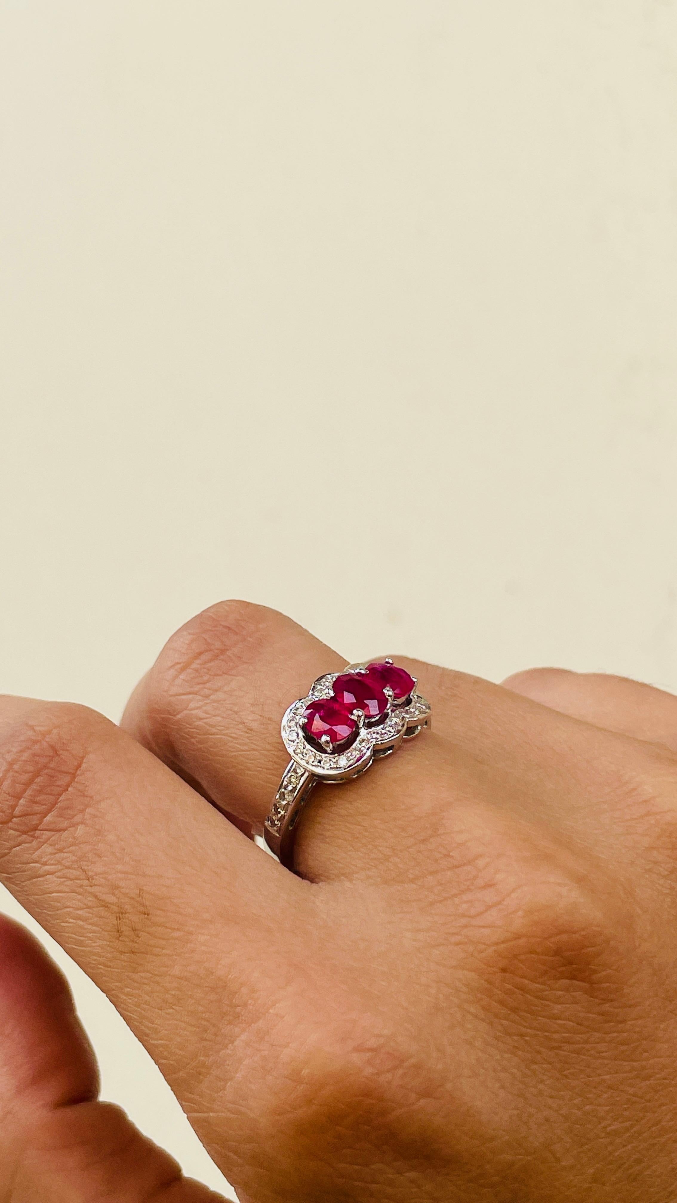 For Sale:  Oval Cut Three Stone Ruby Engagement Ring in 18K White Gold with Diamonds 14