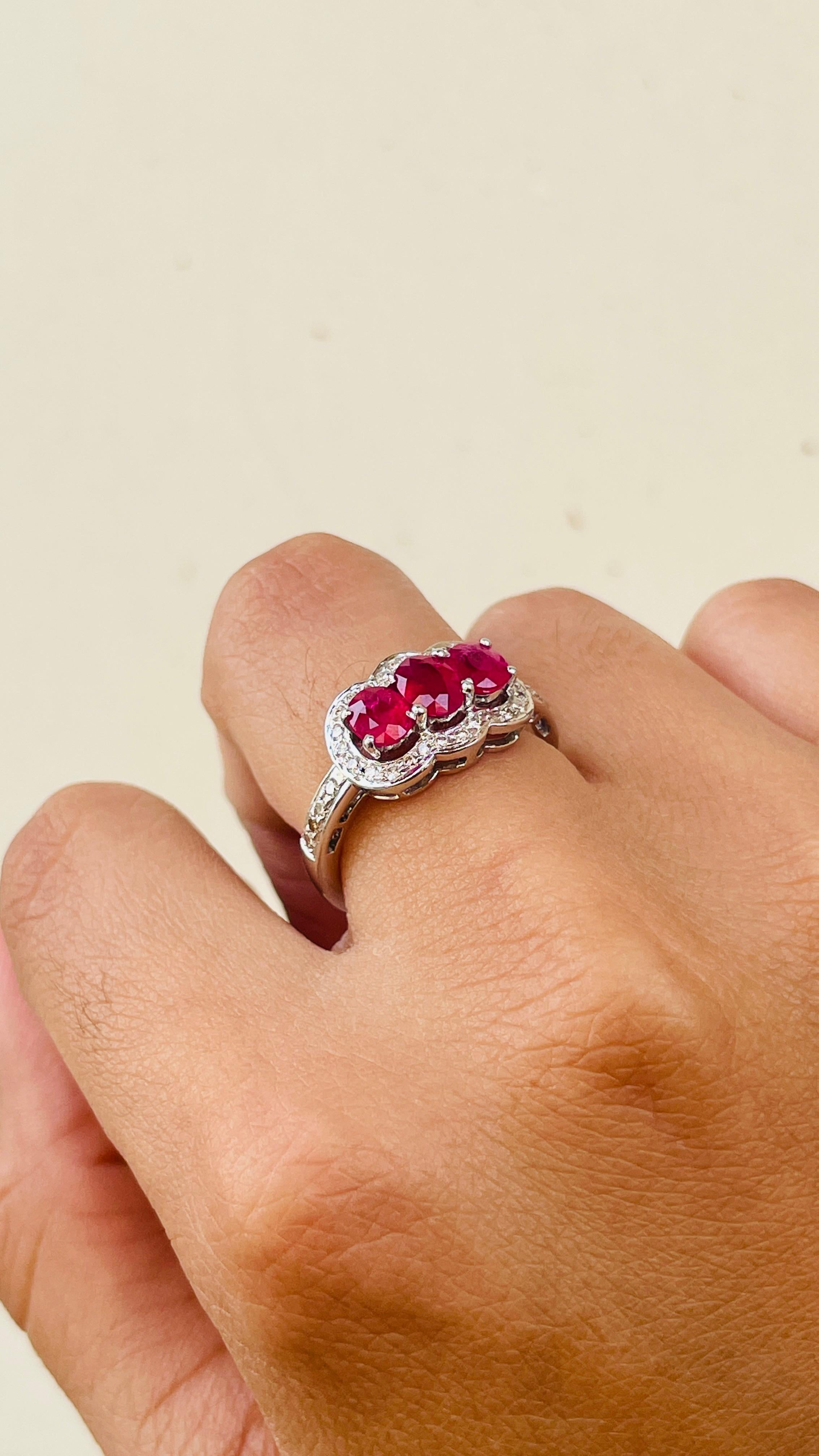 For Sale:  Oval Cut Three Stone Ruby Engagement Ring in 18K White Gold with Diamonds 2