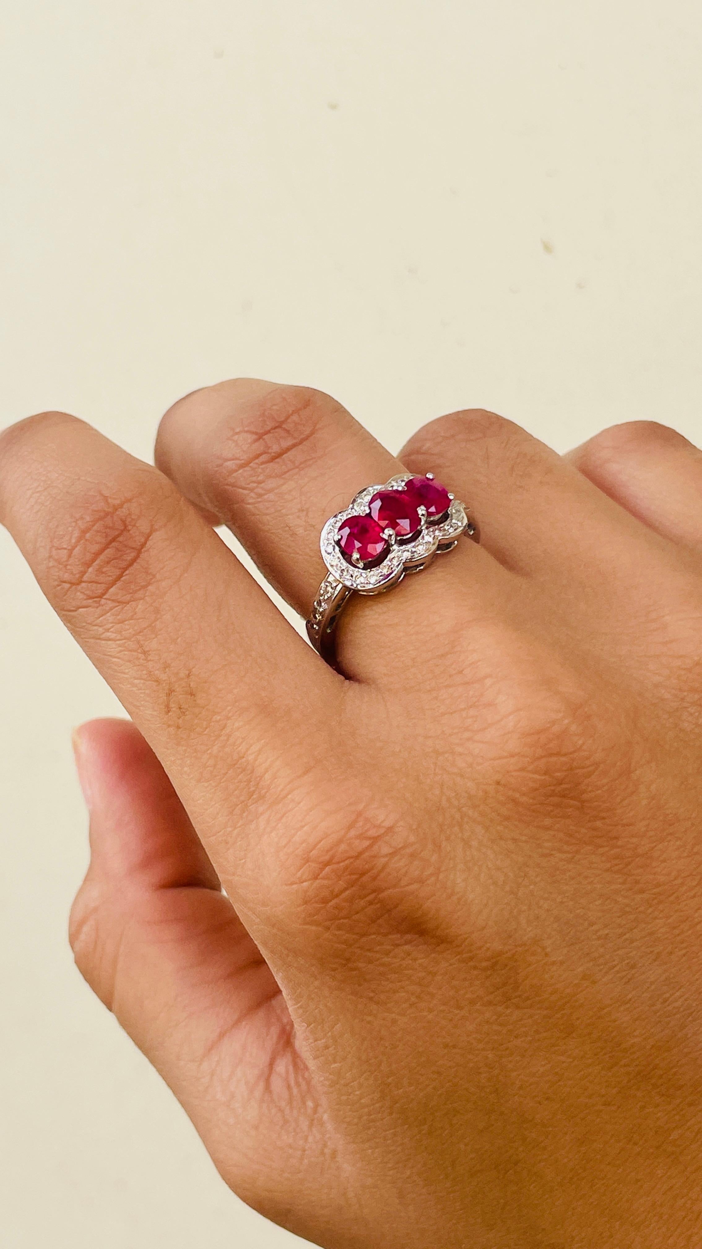 For Sale:  Oval Cut Three Stone Ruby Engagement Ring in 18K White Gold with Diamonds 12