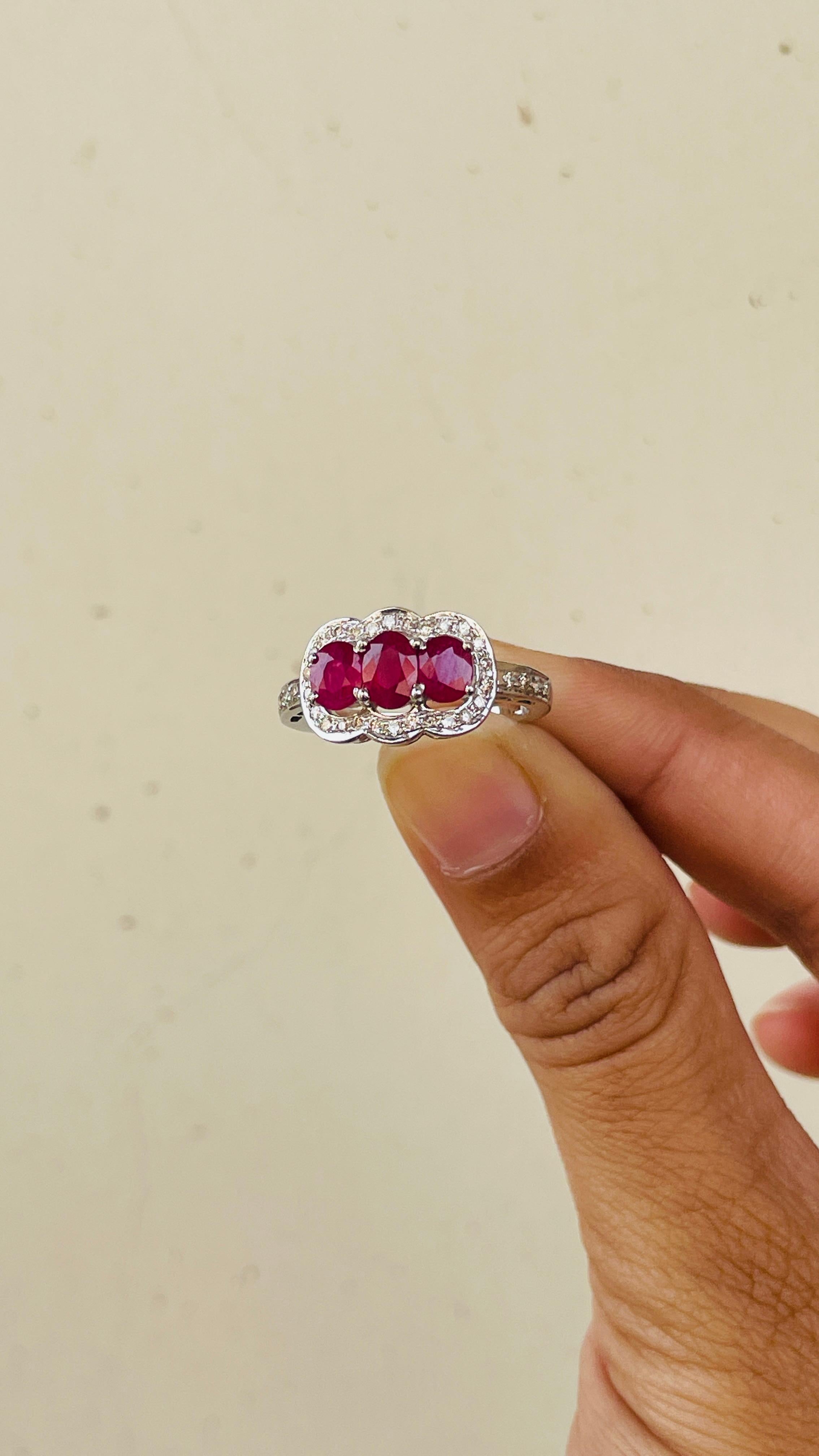 For Sale:  Oval Cut Three Stone Ruby Engagement Ring in 18K White Gold with Diamonds 4