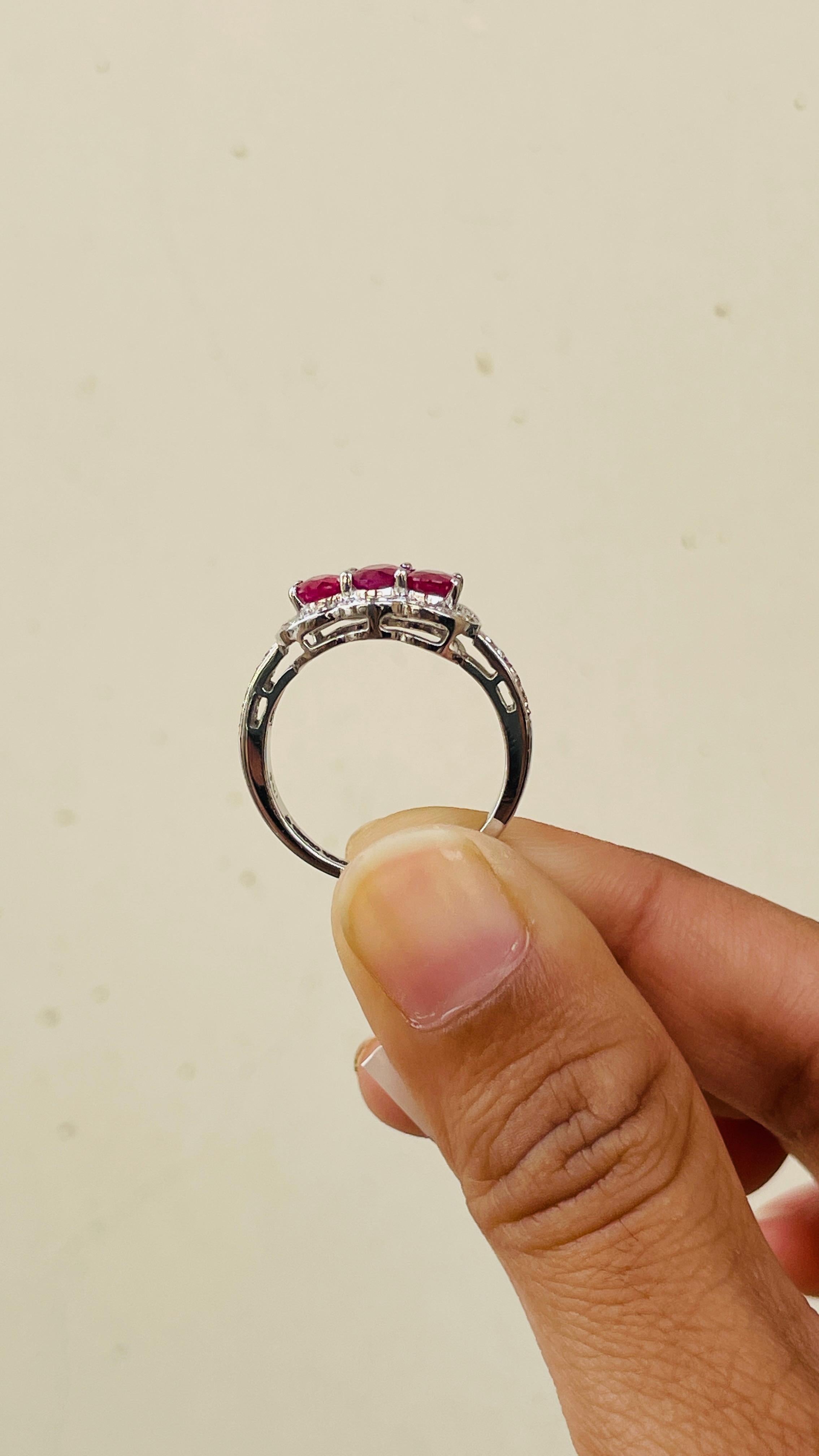 For Sale:  Oval Cut Three Stone Ruby Engagement Ring in 18K White Gold with Diamonds 10