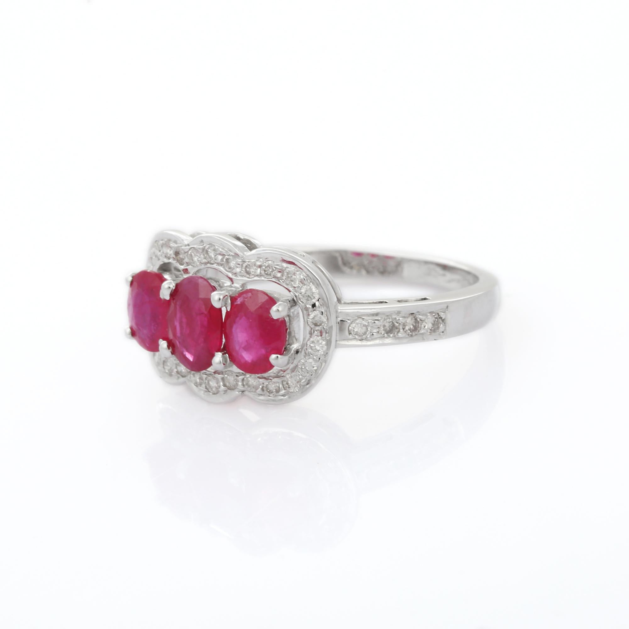 For Sale:  Oval Cut Three Stone Ruby Engagement Ring in 18K White Gold with Diamonds 5