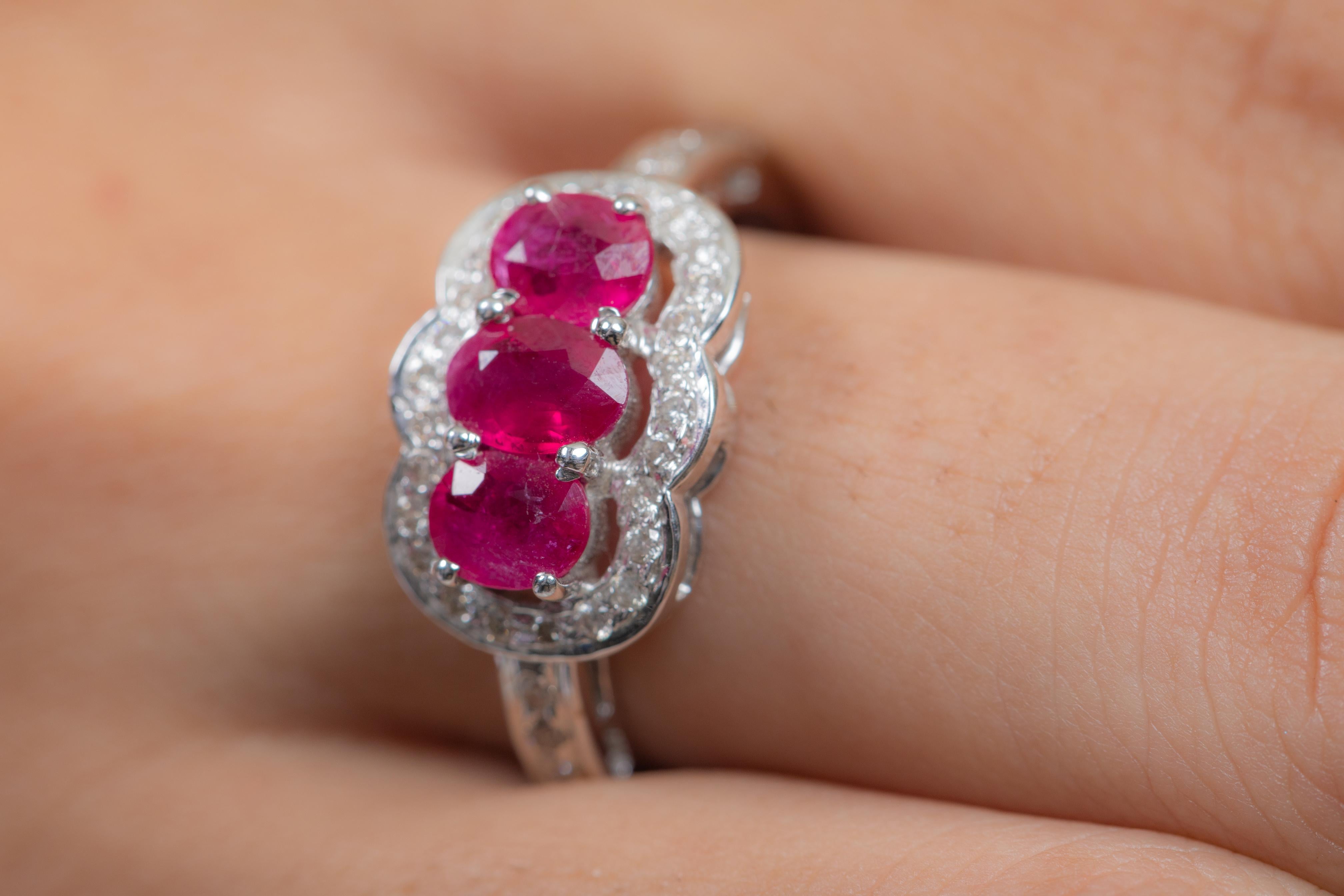 For Sale:  Oval Cut Three Stone Ruby Engagement Ring in 18K White Gold with Diamonds 3