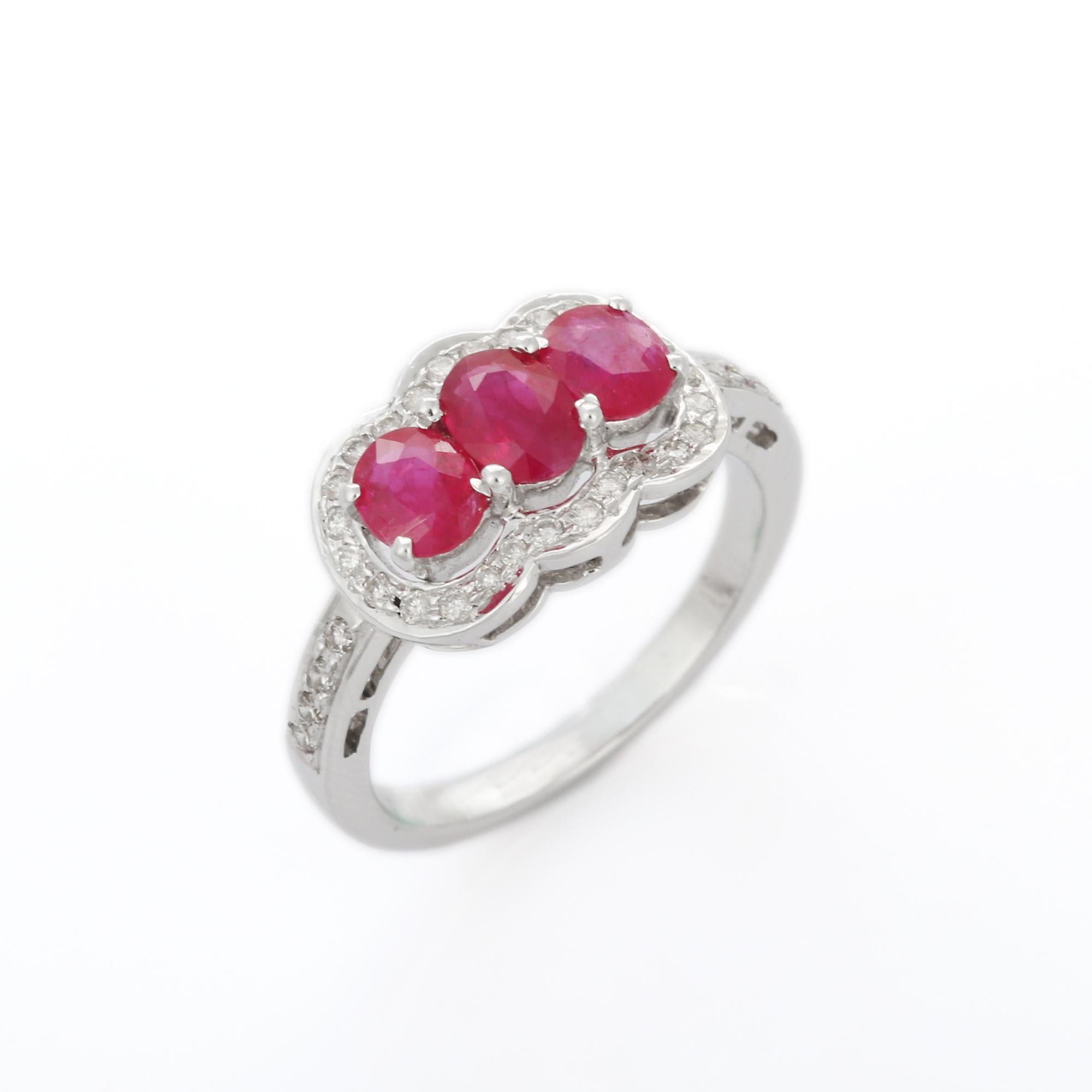 For Sale:  Oval Cut Three Stone Ruby Engagement Ring in 18K White Gold with Diamonds 13