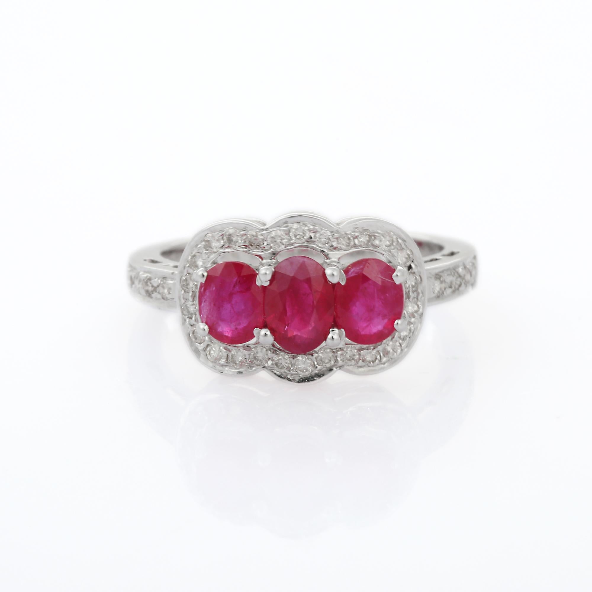 For Sale:  Oval Cut Three Stone Ruby Engagement Ring in 18K White Gold with Diamonds 17