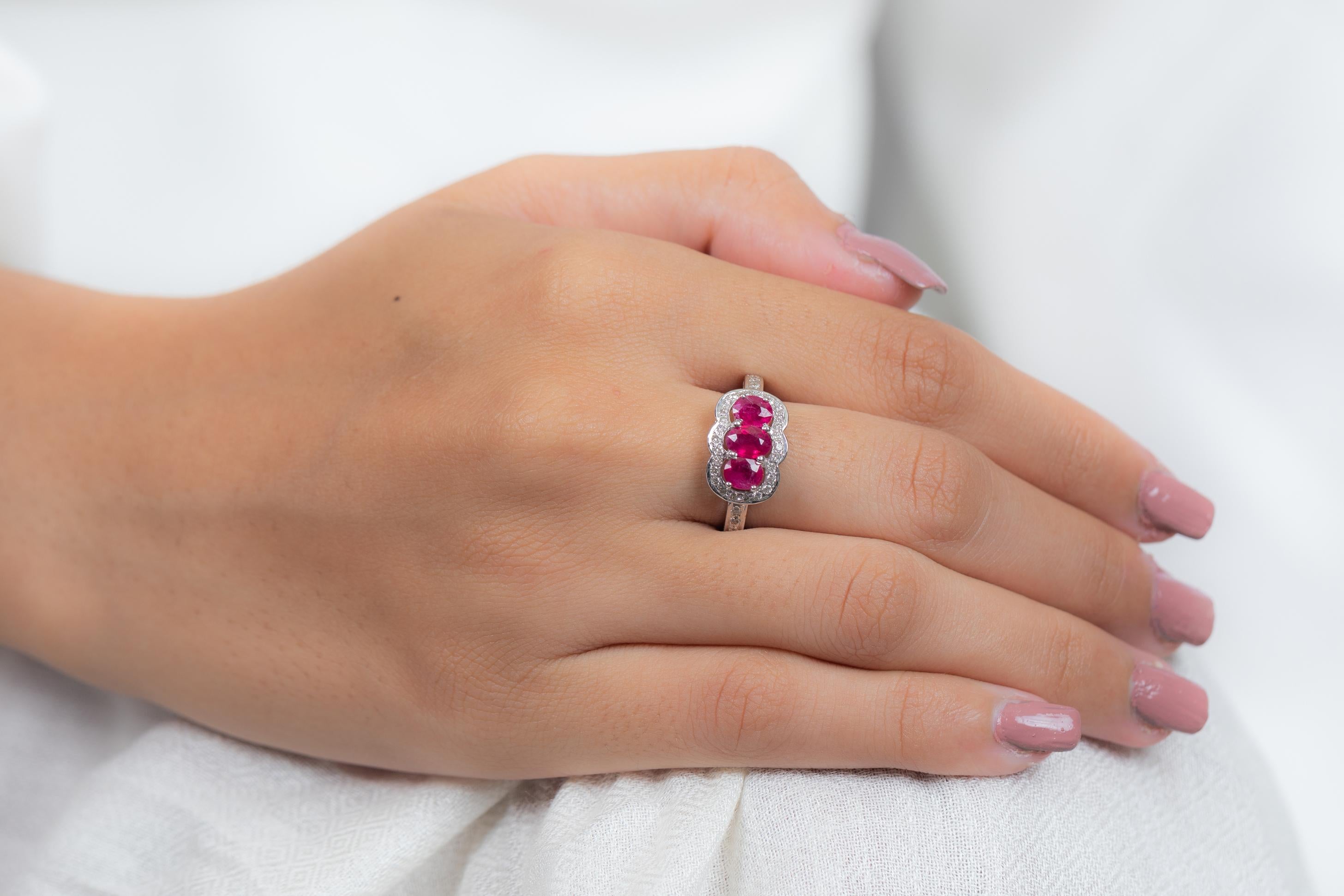 For Sale:  Oval Cut Three Stone Ruby Engagement Ring in 18K White Gold with Diamonds 11