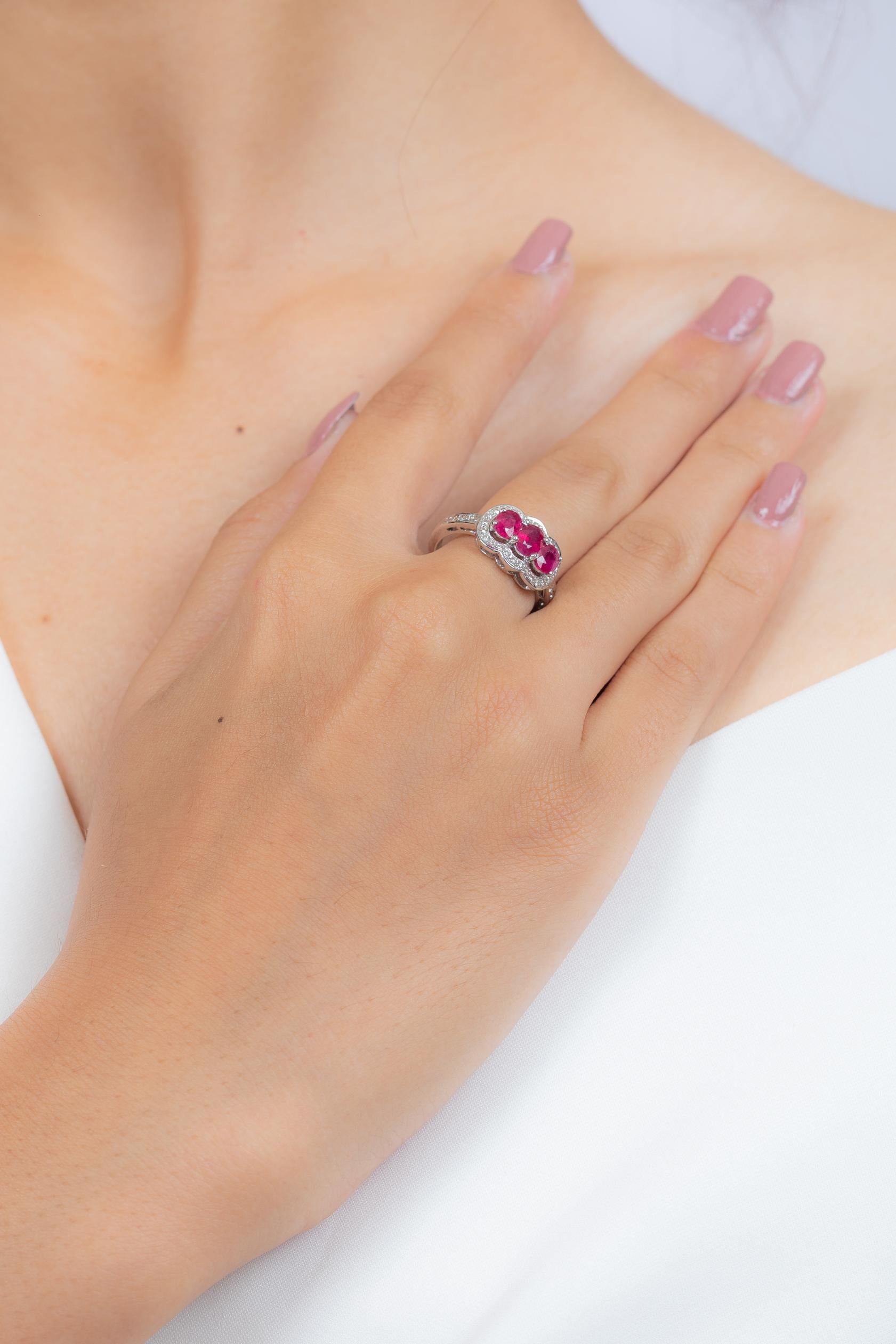 For Sale:  Oval Cut Three Stone Ruby Engagement Ring in 18K White Gold with Diamonds 15