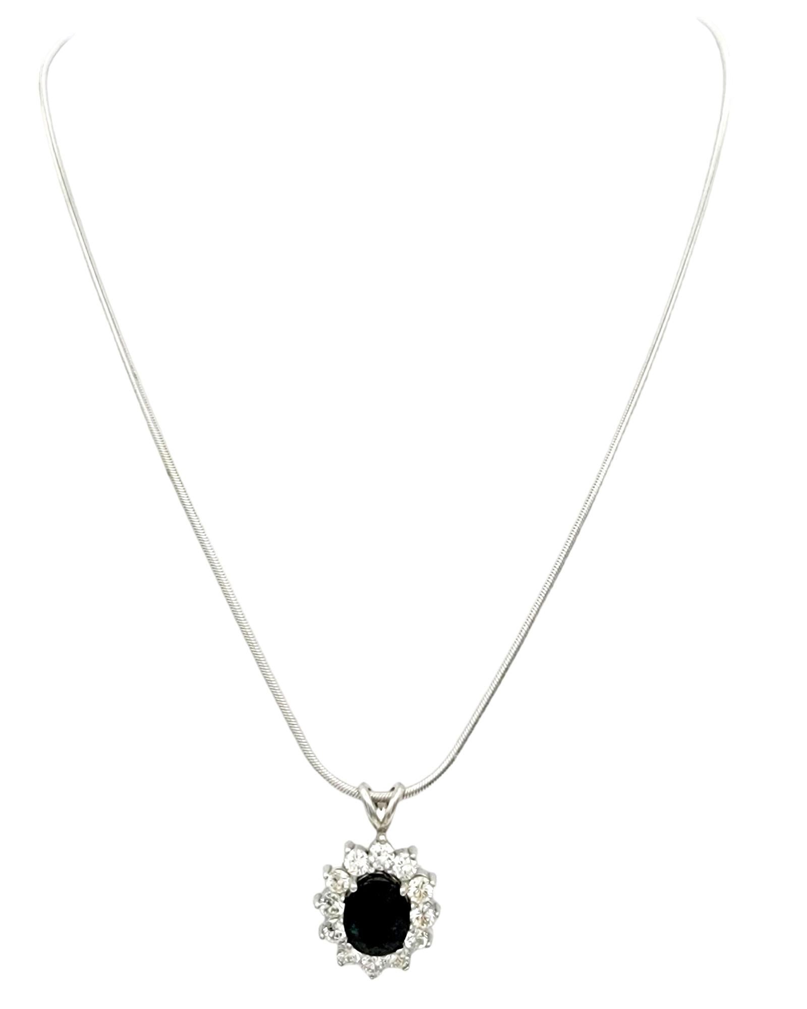 Contemporary Oval Cut Tourmaline and Diamond Halo Pendant Necklace, White Gold Snake Chain  For Sale