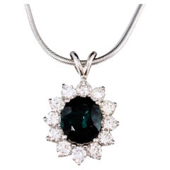 Oval Cut Tourmaline and Diamond Halo Pendant Necklace, White Gold Snake Chain 