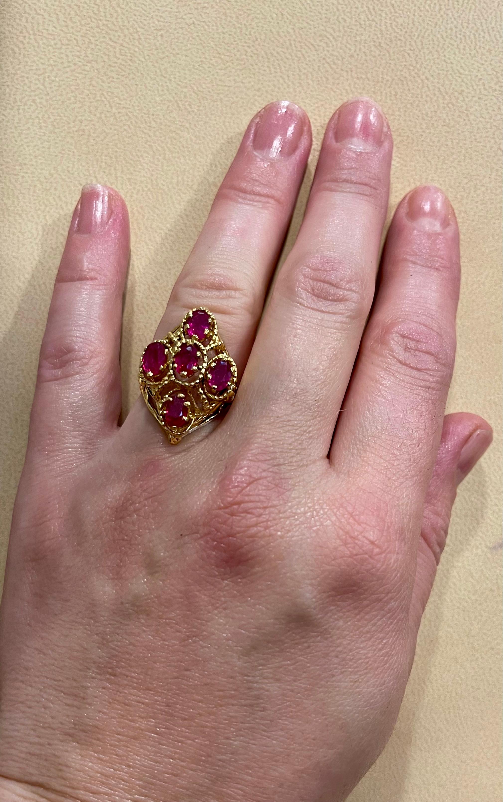 Oval Cut Treated Rubies 5 Ct 14 Karat Yellow Gold Flower Cocktail Ring For Sale 10