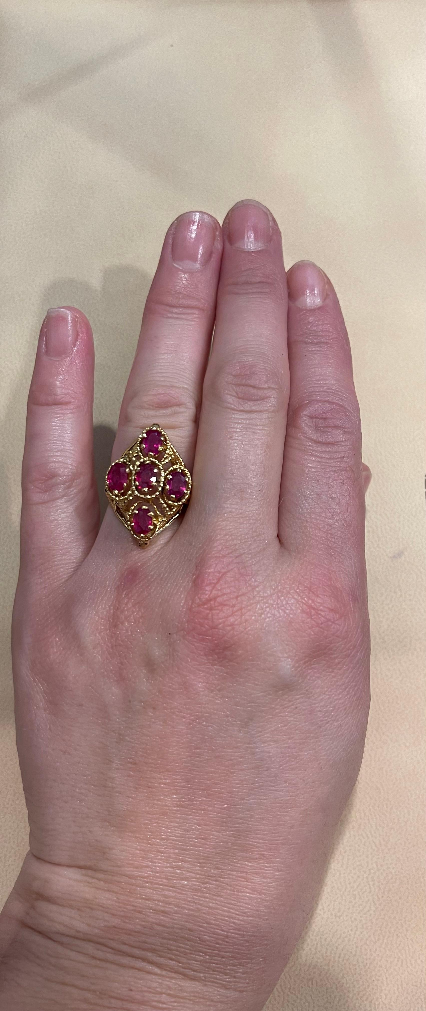 Oval Cut Treated Rubies 5 Ct 14 Karat Yellow Gold Flower Cocktail Ring For Sale 11