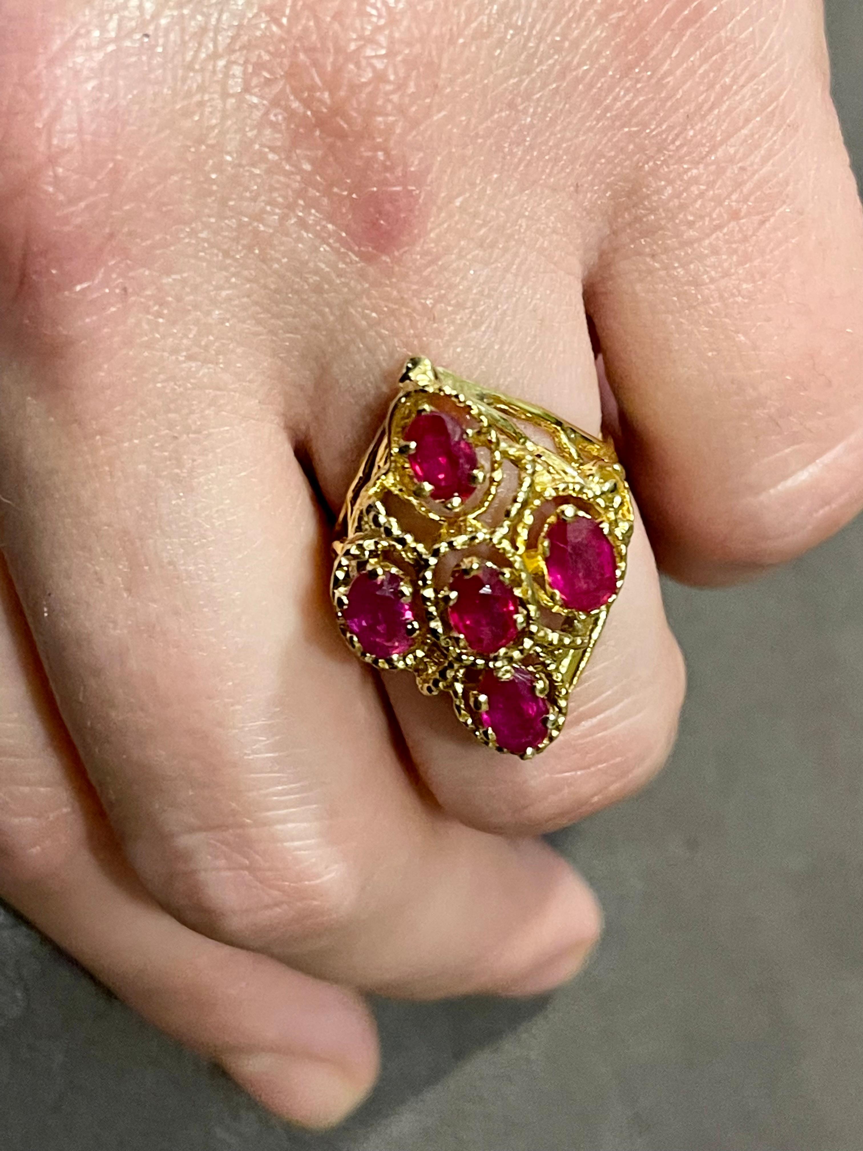 Oval Cut Treated Rubies 5 Ct 14 Karat Yellow Gold Flower Cocktail Ring For Sale 13