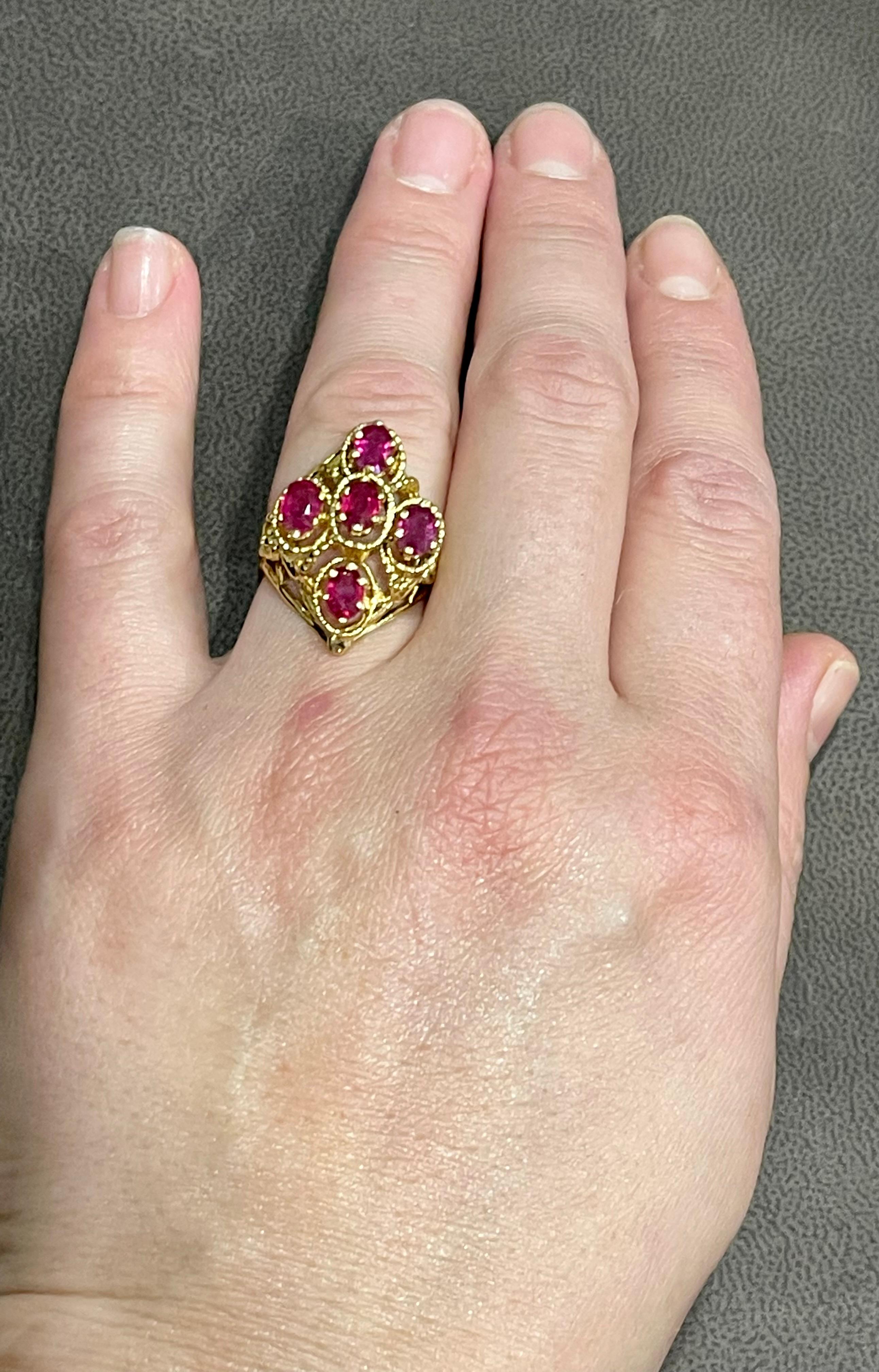 Oval Cut Treated Rubies 5 Ct 14 Karat Yellow Gold Flower Cocktail Ring For Sale 14